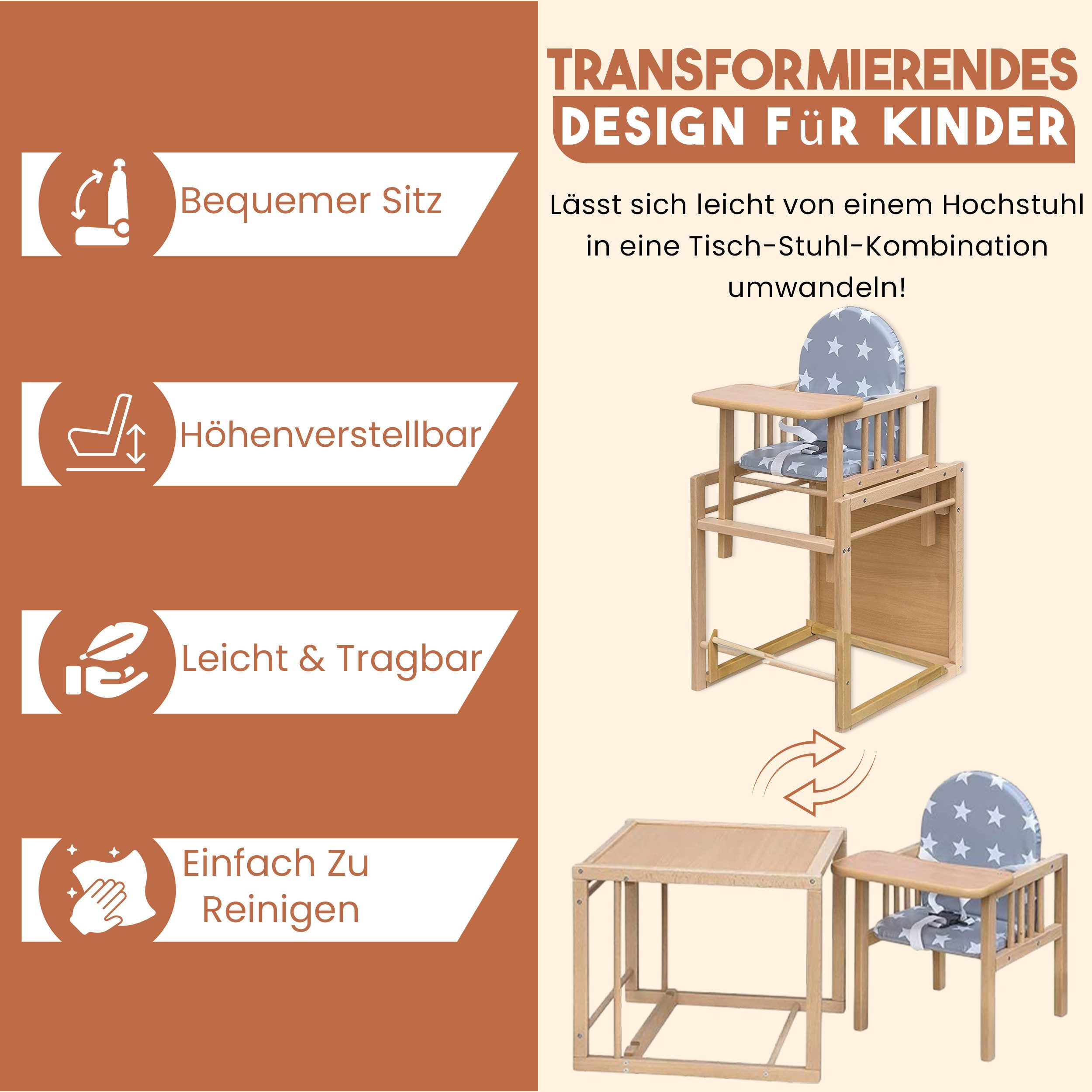 Best for Kids Holzstuhl Victoria 2-in-1 Holzstuhl & Tisch – Höhenverstellbar & Sicher, leicht umbaubar zur Stuhl-Tisch-Kombination