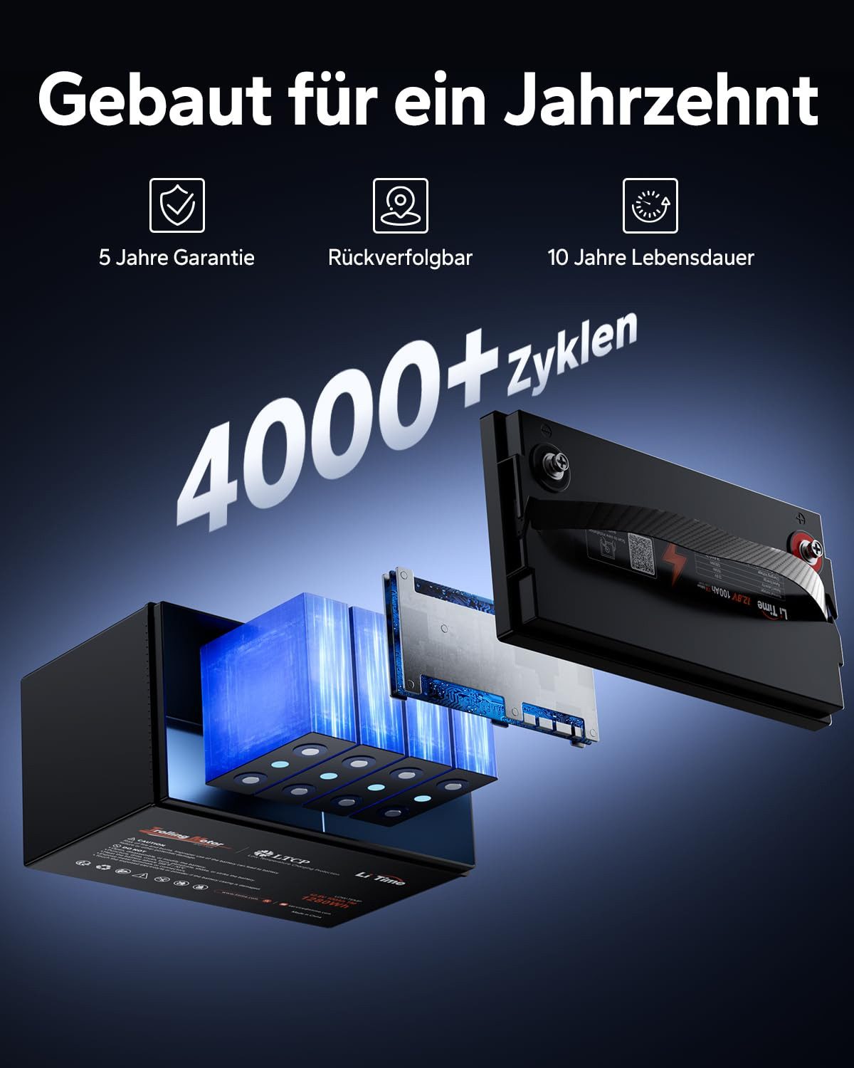 LiTime 12V 100Ah TM LiFePO4 Batterie Bootsbatterie mit Tieftemperaturschutz Solarakkus (12 V), L329*B172*H214 mm, für Elektromotor mit 30-70 lb Schubkraft