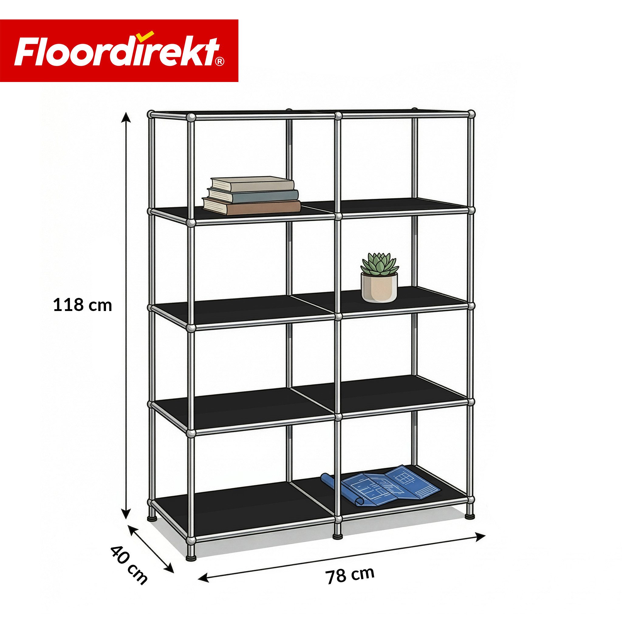 Floordirekt Bücherregal Standregal Concept Epure MK-015 Raumteiler, verchromtes Metallgestell, höhenverstellbare Kunststofffüße, 5 Ablagen, B78×T40×H118 cm