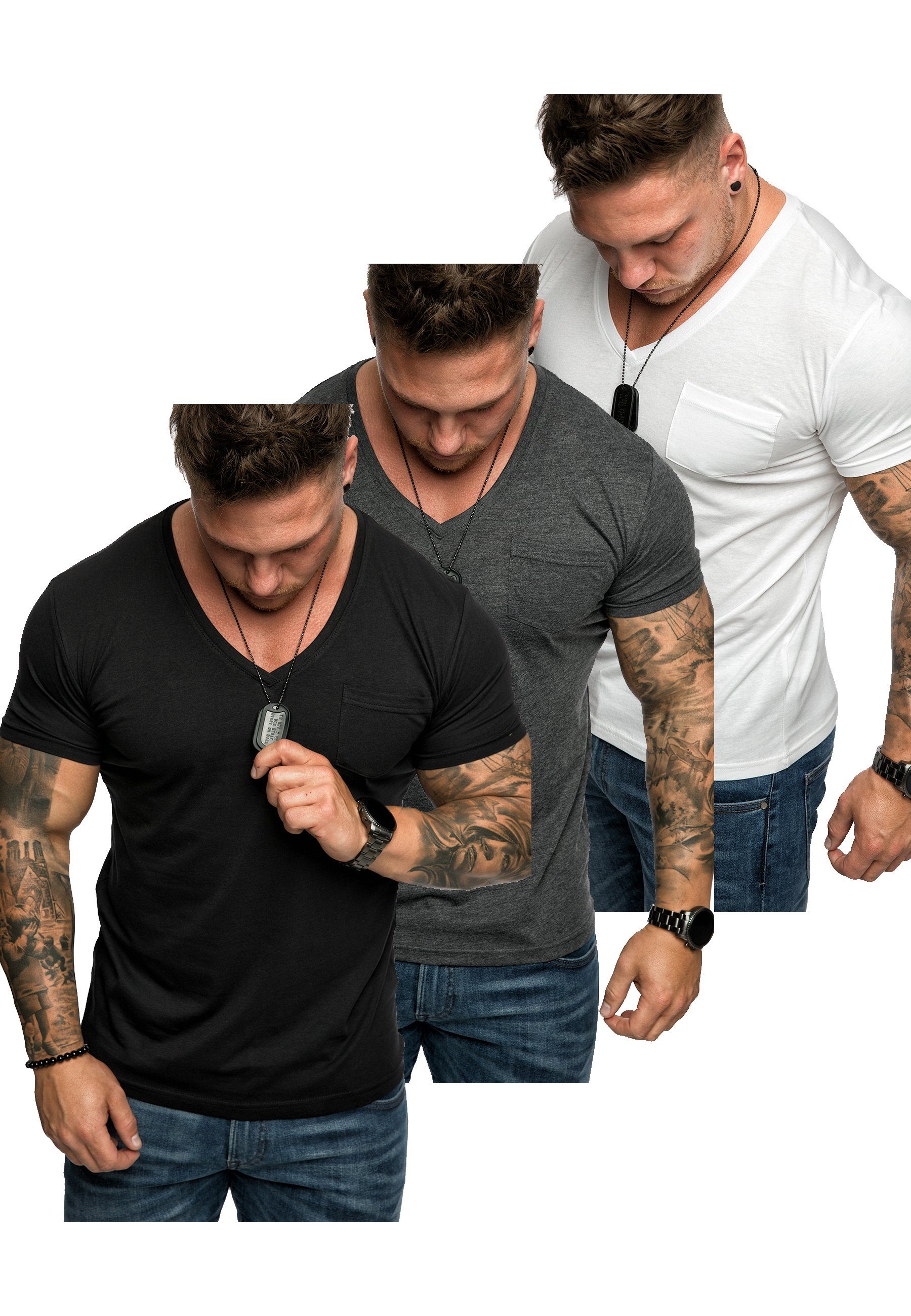 Amaci&Sons T-Shirt 3. PATERSON T-Shirt T-Shirts (Weiß (3er-Pack) + Anthrazit) Herren Herren 3er-Pack Oversize mit Schwarz Basic + V-Ausschnitt