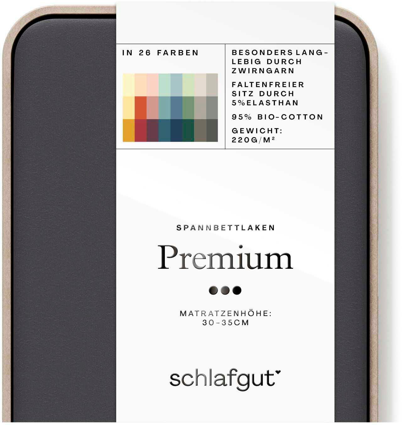 Schlafgut Spannbettlaken PREMIUM Mako-Zwirn-Jersey, 220 g/m², 95% Bio-Baumwolle, 5% Elasthan, Mako-Zwirn-Jersey, Gummizug: rundum, (1 Stück), Bettlaken bis 30 cm Höhe, PREMIUM-Qualität langlebig, perfekter Sitz