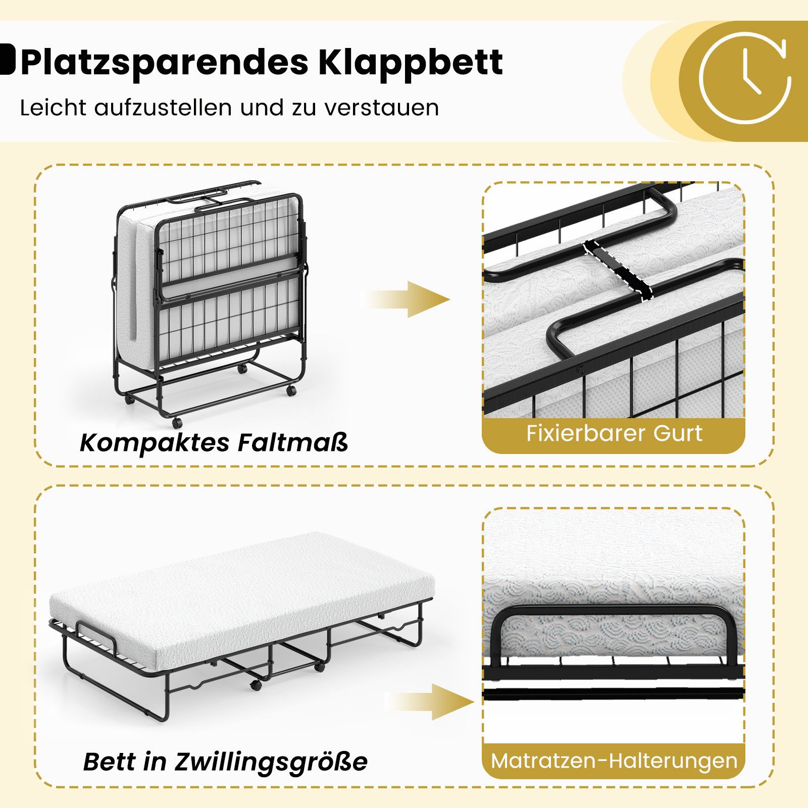 KOMFOTTEU Gästebett Klappbett mit Matratze aus Schaumstoff, 90×190cm