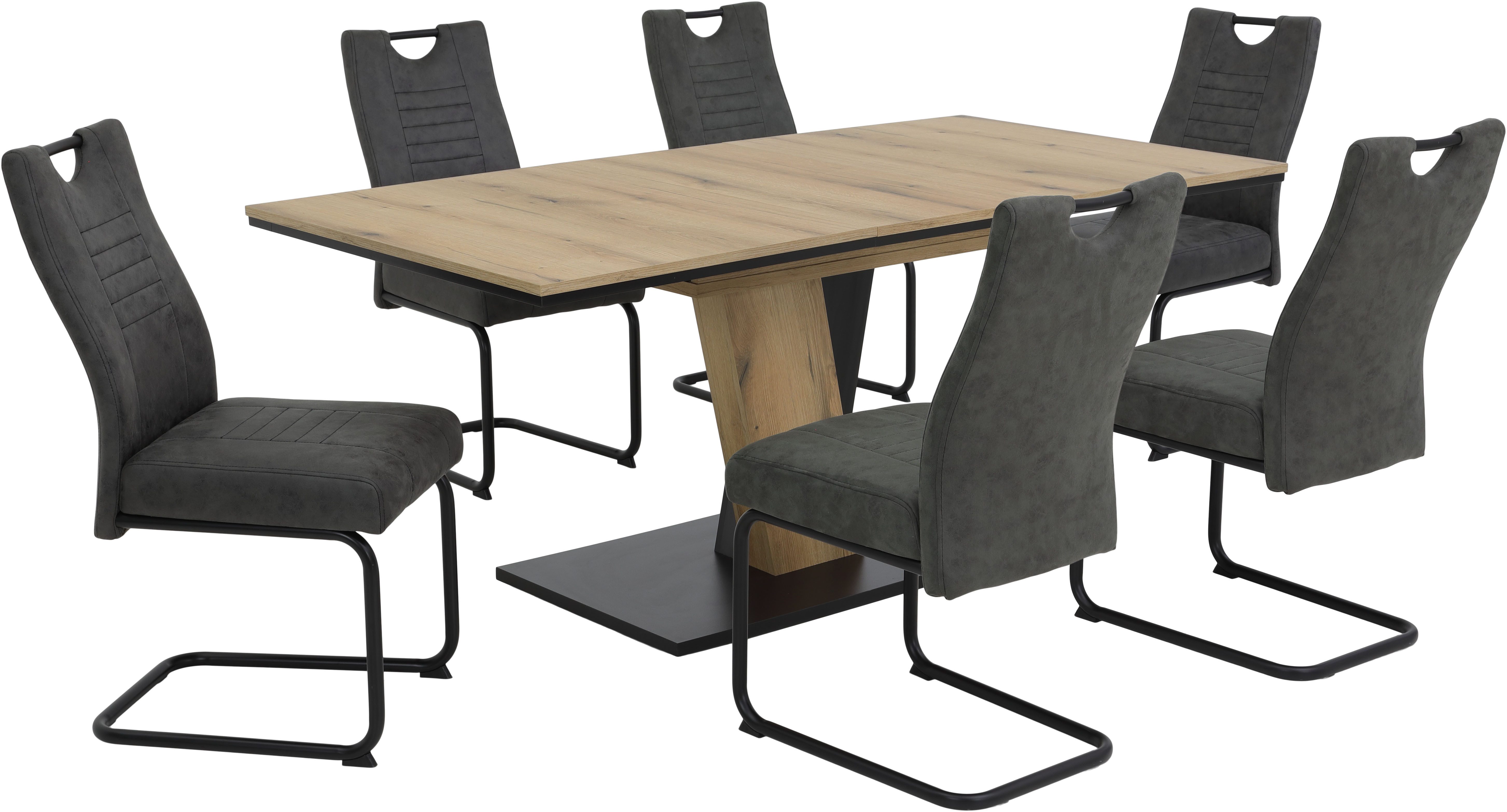 HELA Essgruppe WESER, (7-tlg), Säulentisch 140-180x90 cm, Stuhl mit Federkorb, 140 kg belastbar