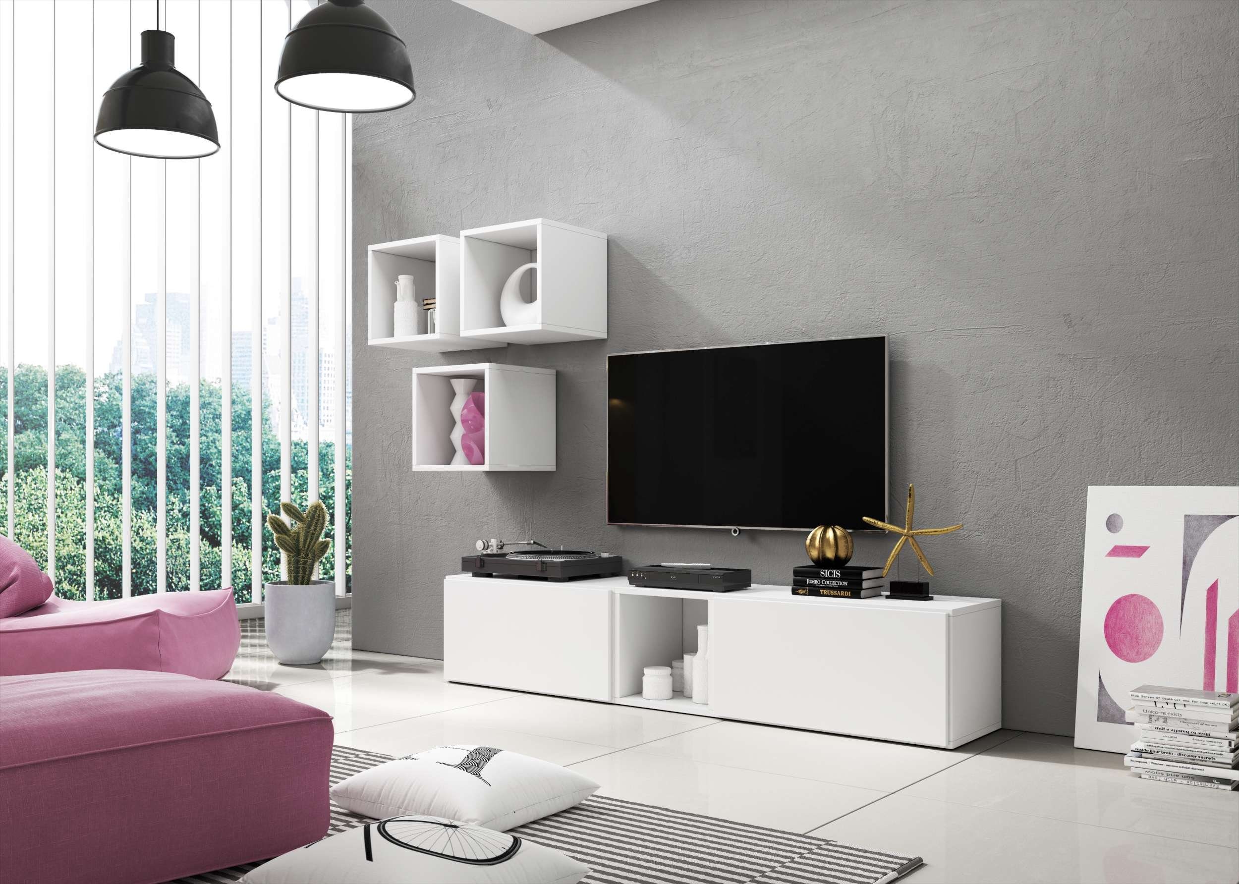 Stylefy Wohnwand Cono VIII, (Set (6-St), Wohnmöbel, Wohnzimmer-Set), bestehend aus 4xWandregal und 2xHängeschrank, mit Push-to-Open, Modern Design Weiß Matt