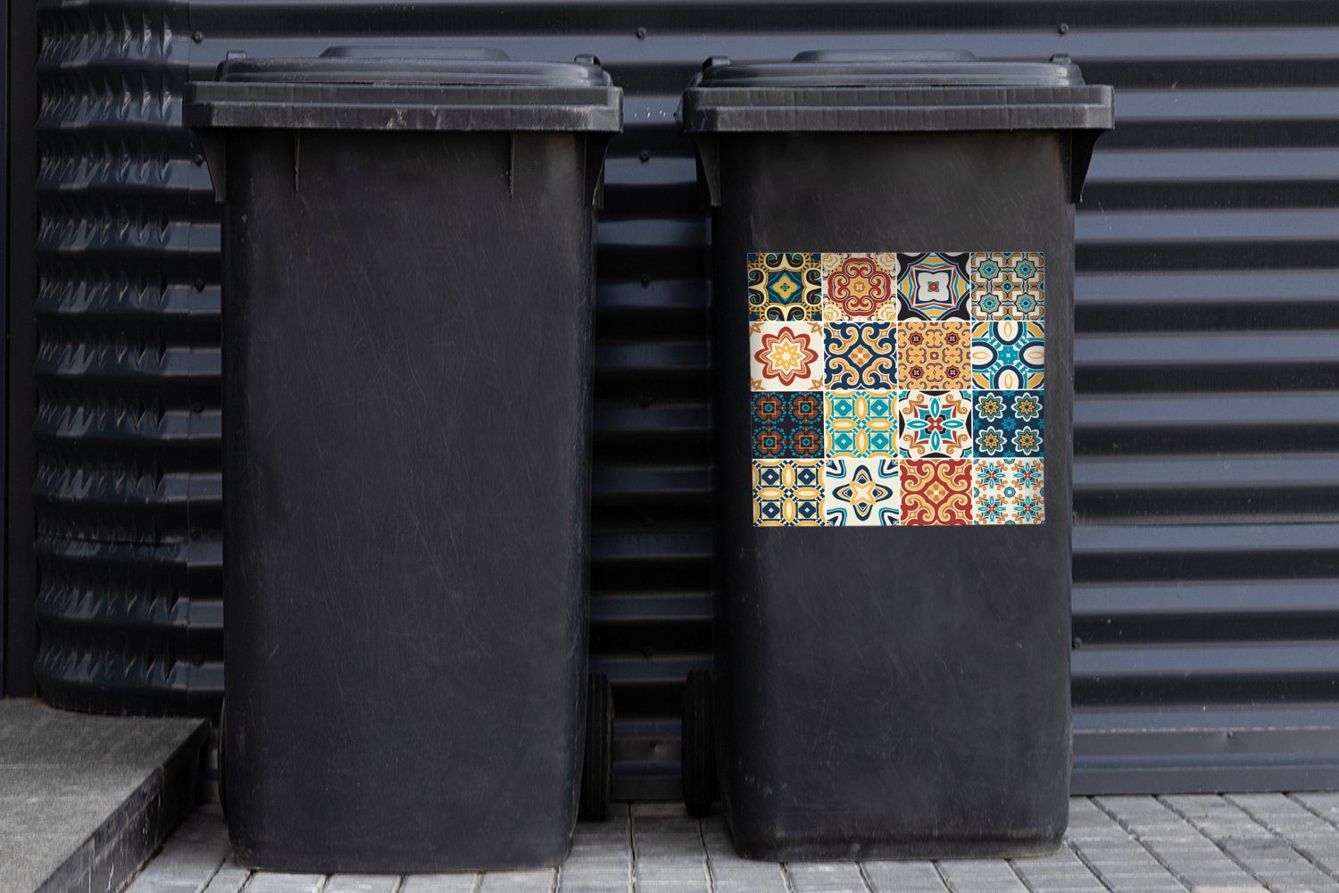 Abfalbehälter Mülltonne, Mülleimer-aufkleber, - MuchoWow - Container, - Sticker, Muster Blau Orange St), - Vintage Wandsticker (1 Blumen