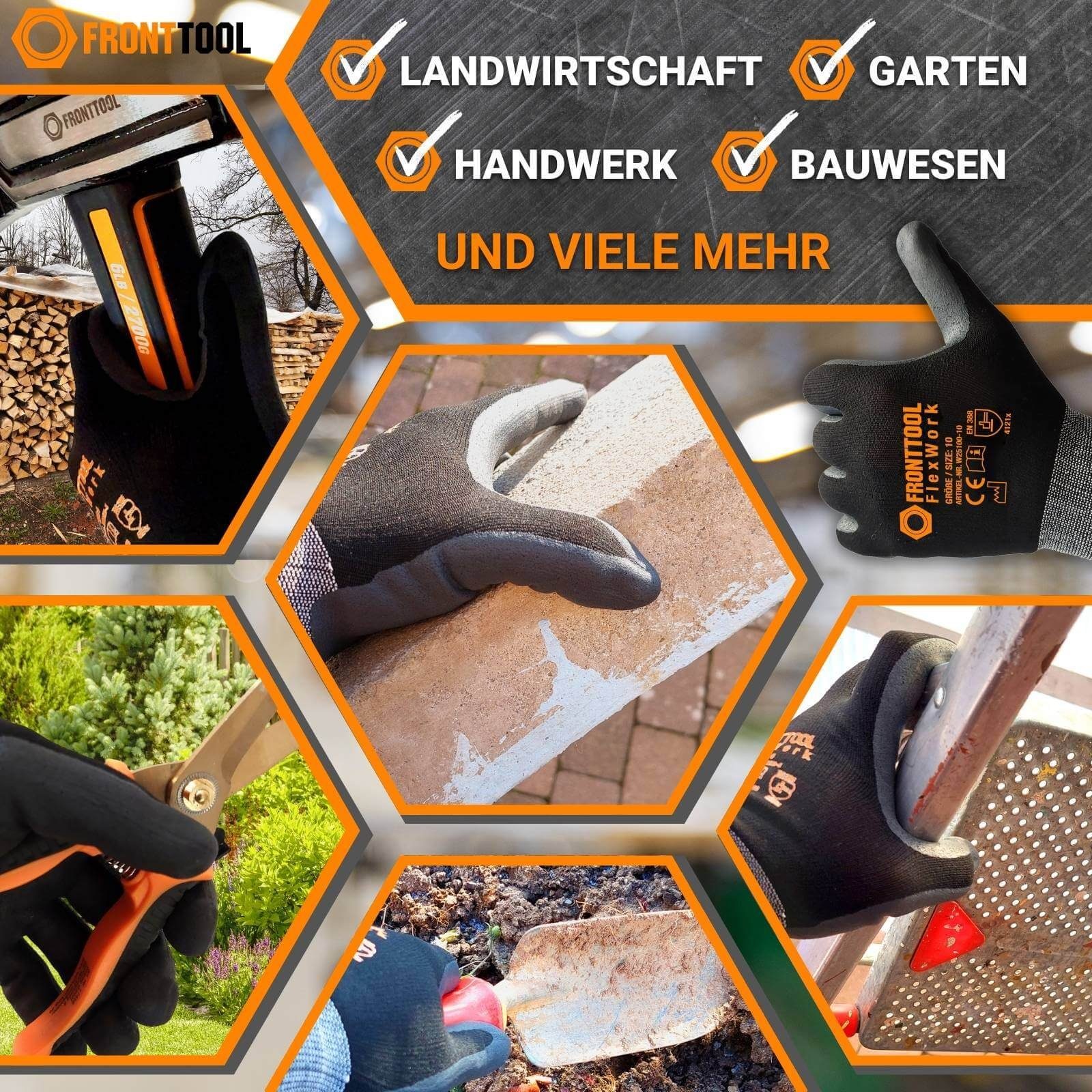 Fronttool Nitril-Handschuhe Arbeitshandschuhe FlexWork Schutzhandschuhe Gartenhandschuhe 12 Paar (Spar-Set)