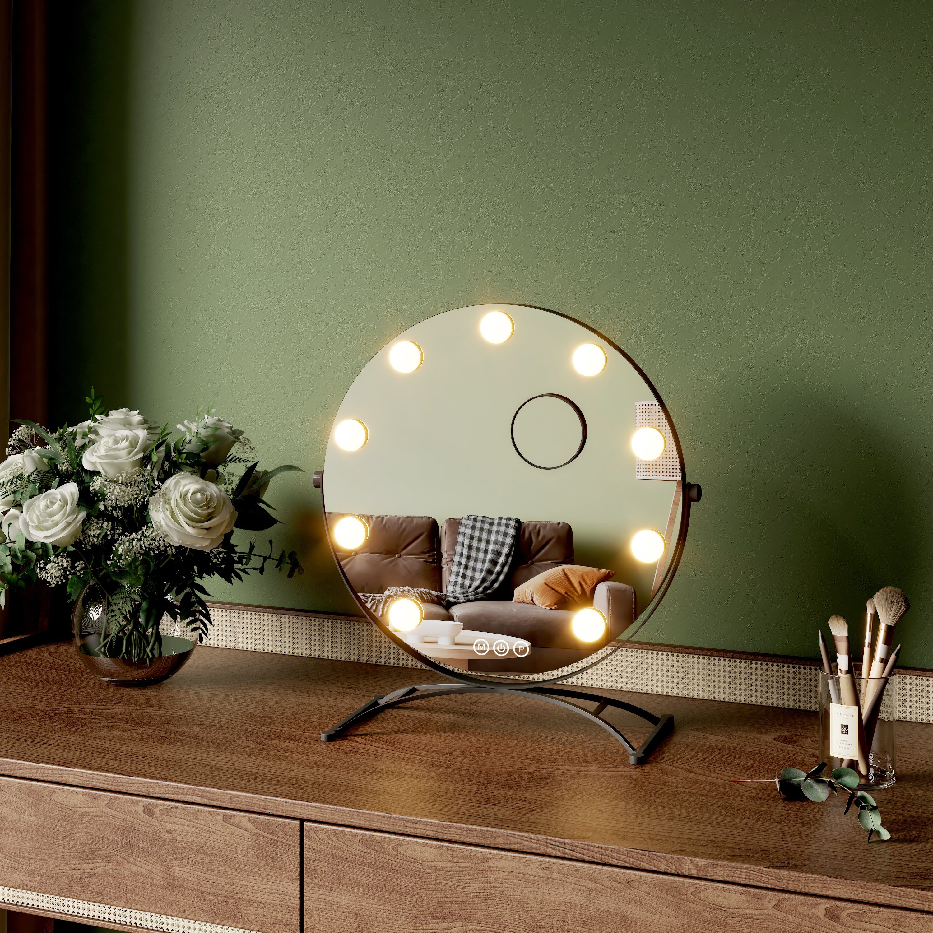 EMKE Kosmetikspiegel Runder Schminkspiegel Hollywood Spiegel mit Beleuchtung Tischspiegel, 3 Lichtfarben,Dimmbar,7 x Vergrößerungsspiegel,360° Drehbar Schwarz