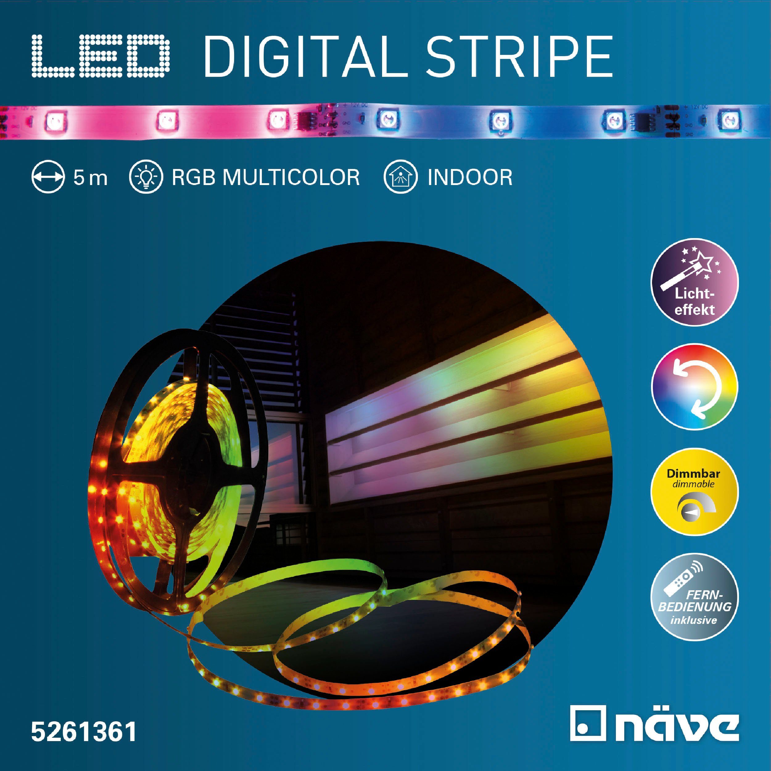 näve LED-Streifen Stripe, 1-flammig, LED Stripe RGB, 5m, Infrarot- Fernbedienung, IP20, Dimmbar, 19W