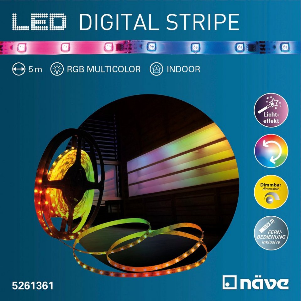 näve LED-Streifen Stripe, 1-flammig, LED Stripe RGB, 5m, Infrarot- Fernbedienung, IP20, Dimmbar, 19W