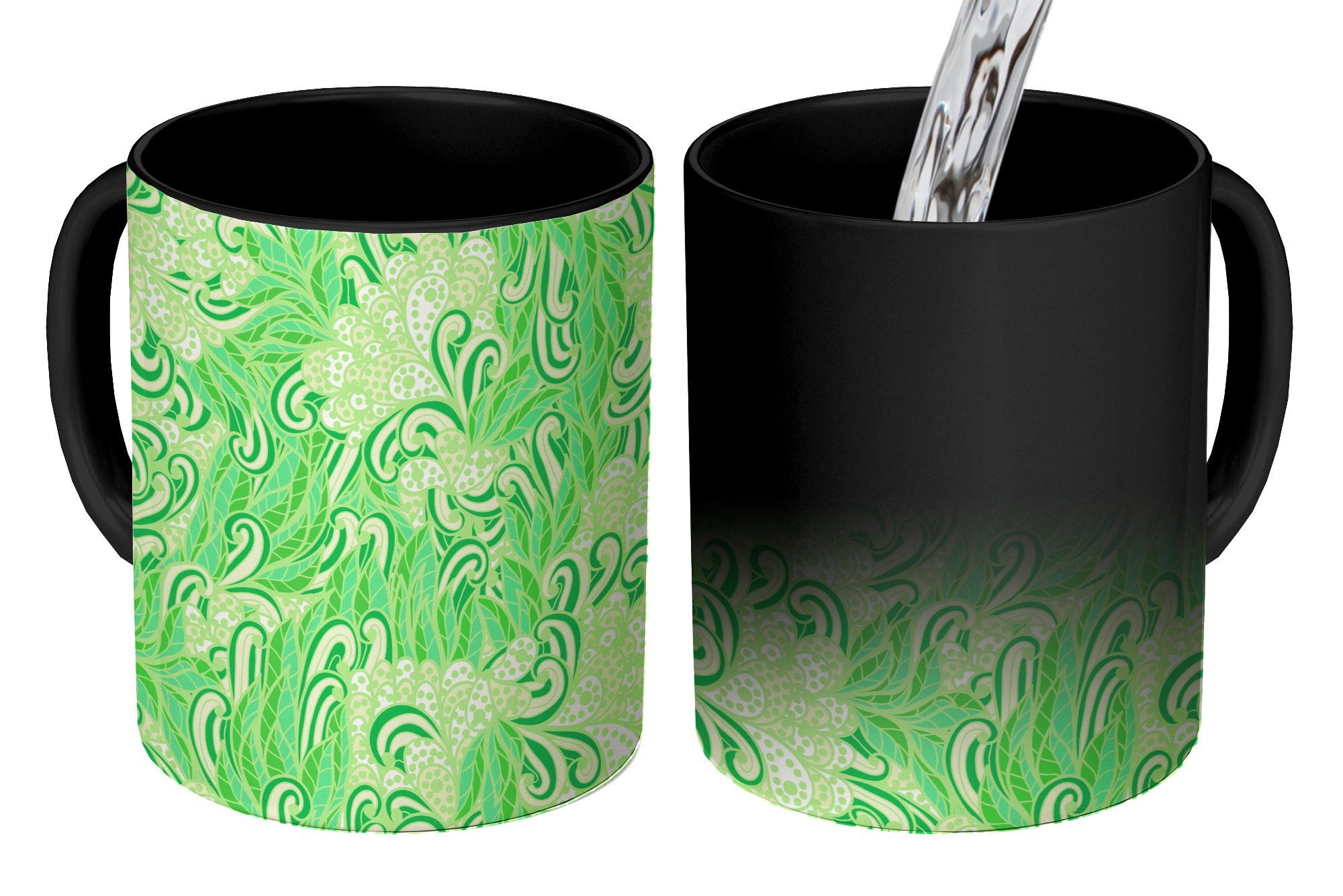 MuchoWow Tasse Muster - Abstrakt - Blätter - Grün, Keramik, Farbwechsel, Kaffeetassen, Teetasse, Zaubertasse, Geschenk
