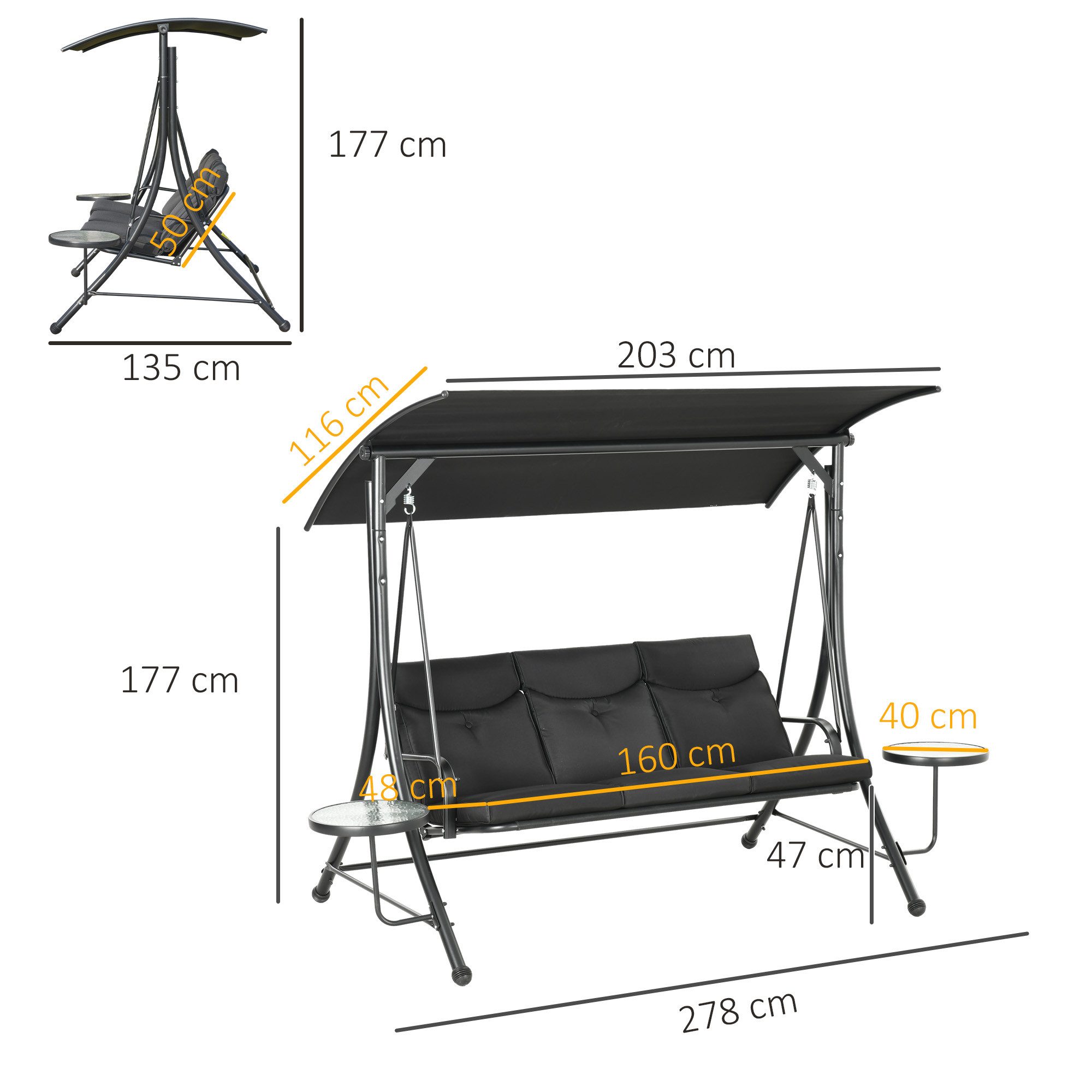 Outsunny Hollywoodschaukel mit Couchtische, mit verstellbarem Sonnendach, 3-Sitzer, mit verstellbarem Sonnendach, 3-Sitzer Gartenschaukel, 1 tlg., Schaukelbank, belast bis 300kg, für Garten, Terrasse, 278 x 135 x 177 cm, Schwarz