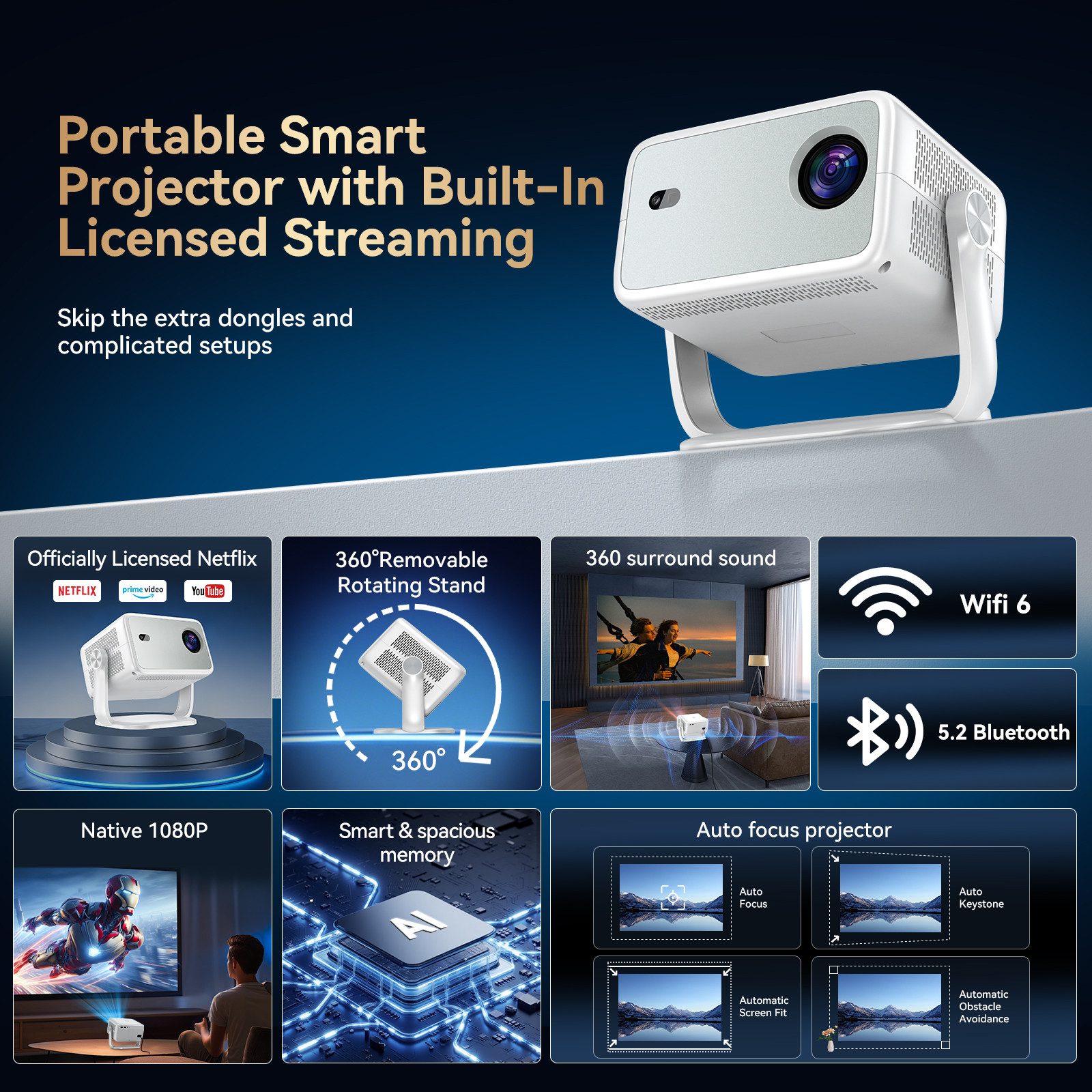 Huidun PT10 Beamer Native 1080P, 360° Drehbarer, Mit Netflix Zertifizierung Beamer (3000 lm, 1500:1, 1920 x 1080 px, Sprachsteuerung, FULL HD, WiFi 6+BT 5.4, bis 200 Zoll)