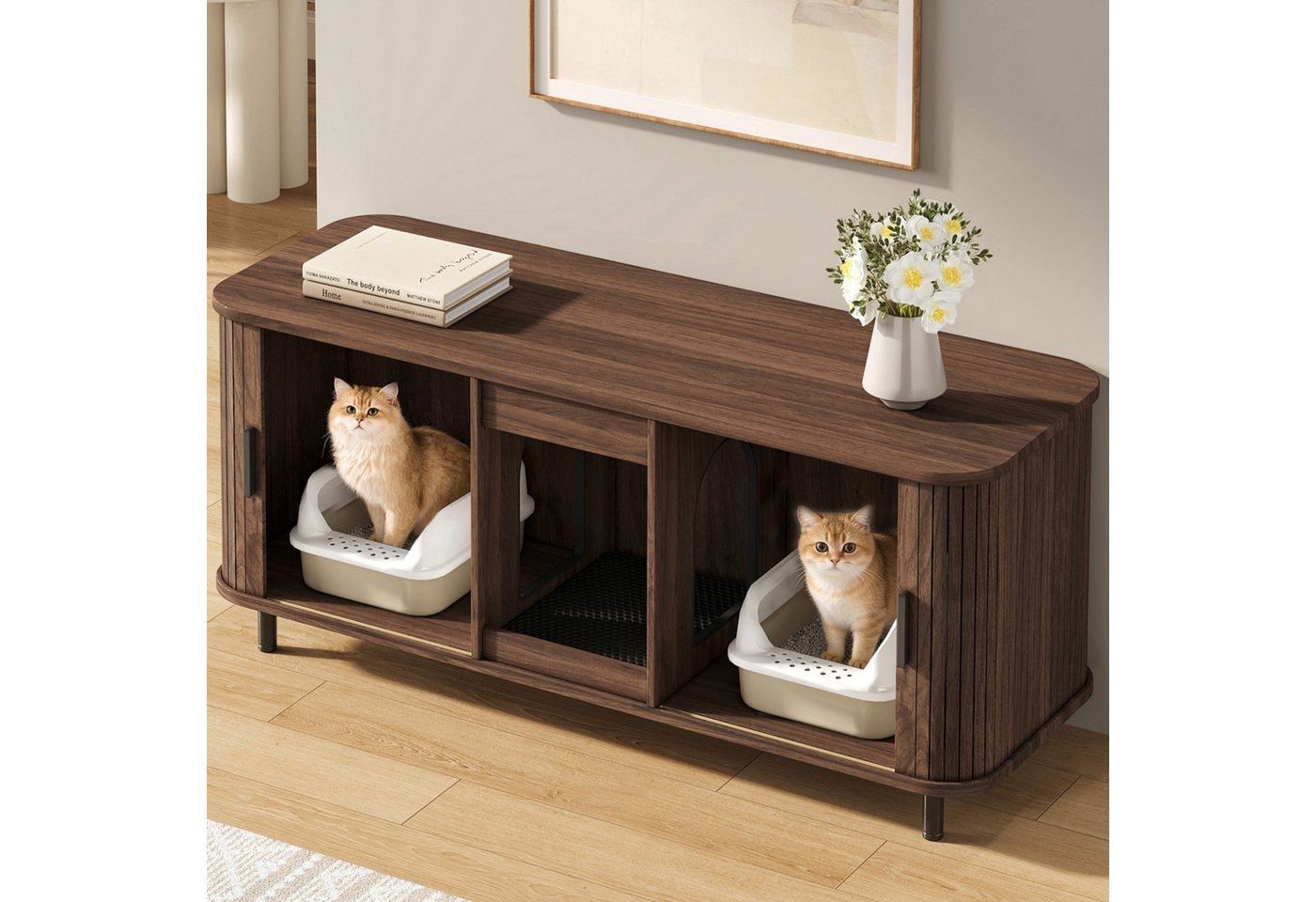 i@home Katzentoilette Katzenschrank mit Schiebetüren Streuauffangmatte inkl., versteckte Katzenklo Schrank Sideboards, getrennte Fächer