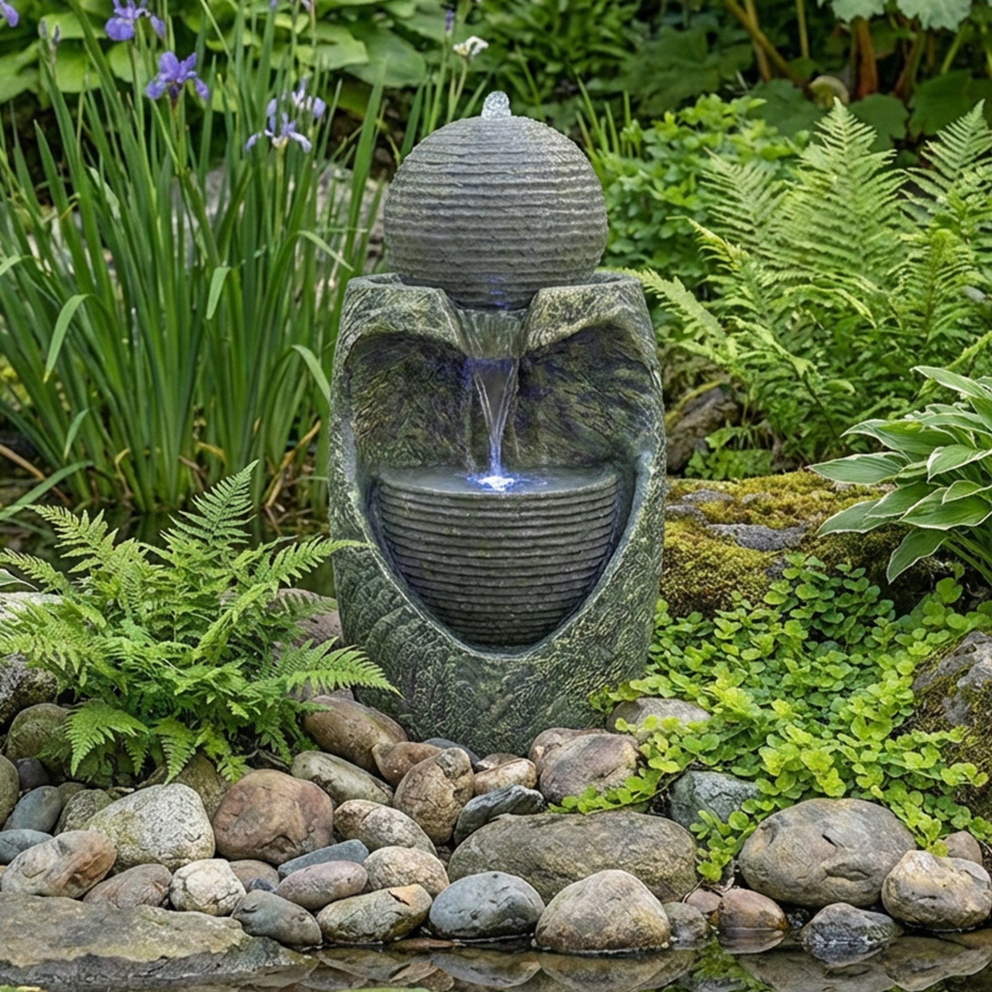 Köhko Gartenbrunnen „Steinquell Aura“ mit LED –Moderner Gartenbrunnen in Natursteinoptik