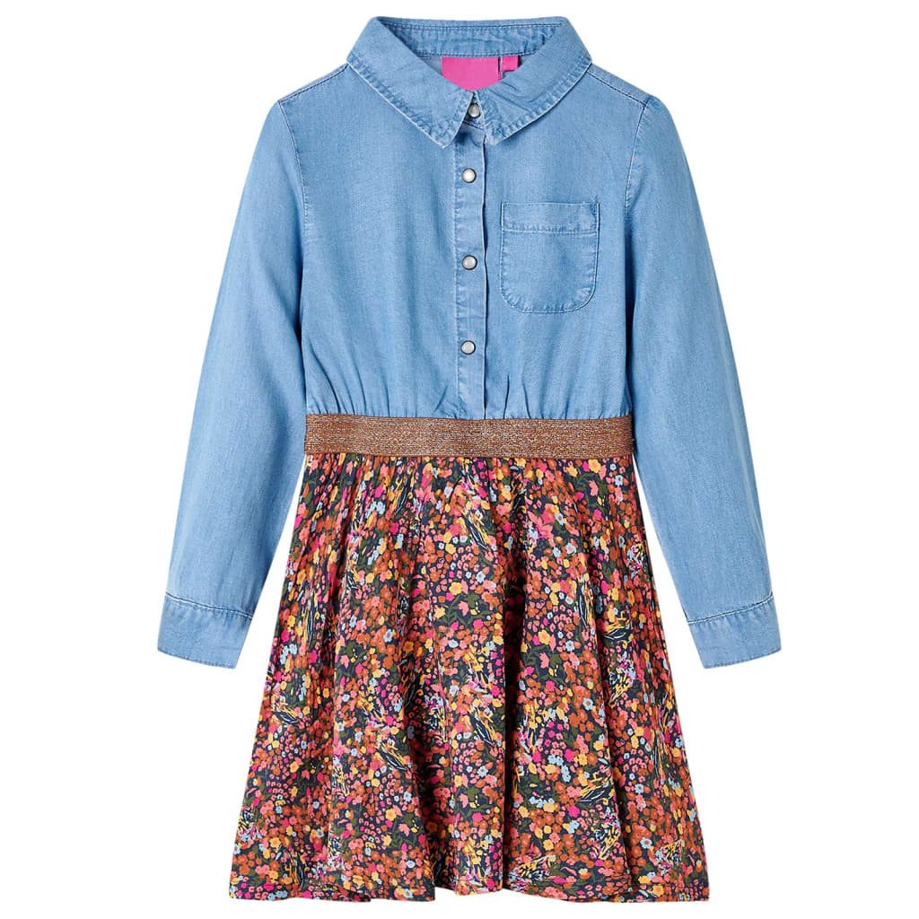 vidaXL Druckkleid Kinderkleid mit Langen Ärmeln Marineblau und Jeansblau 104