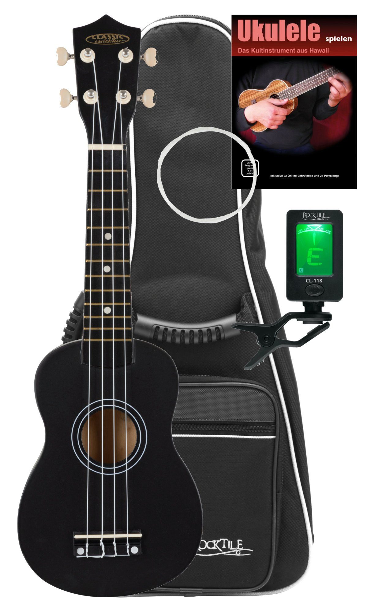 Classic Cantabile Ukulele US-50, Sopranukulele, Starter-Set, inkl. Tasche, Stimmgerät, Ersatzsaiten und Schule, Ukulele mit 12 Bünden