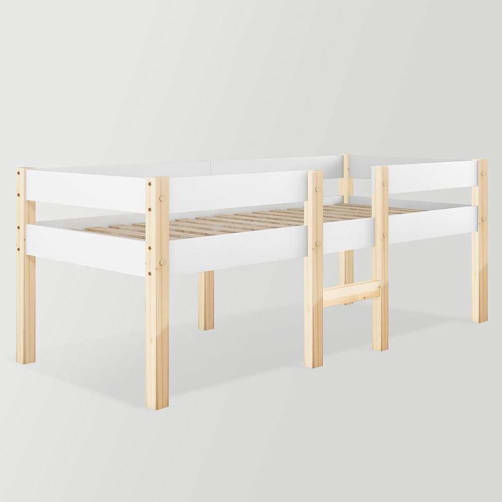Hochbett (Kinderbett Einzelbett) inklusive Rausfallschutz, Lattenrost und Holzleiter, Kiefer, 90x190cm