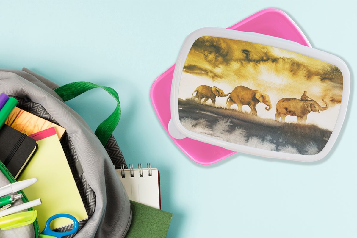 für MuchoWow Kinder, Snackbox, Gelb, Aquarell Brotbox Kunststoff Erwachsene, - rosa Elefanten Kunststoff, Brotdose Mädchen, Lunchbox (2-tlg), -
