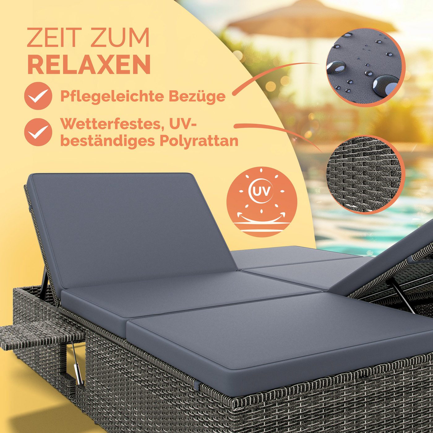 Casaria Gartenliege, Doppelliege Klapptisch Wetterfest 7-fach Höhenverstellbar Liegestuhl