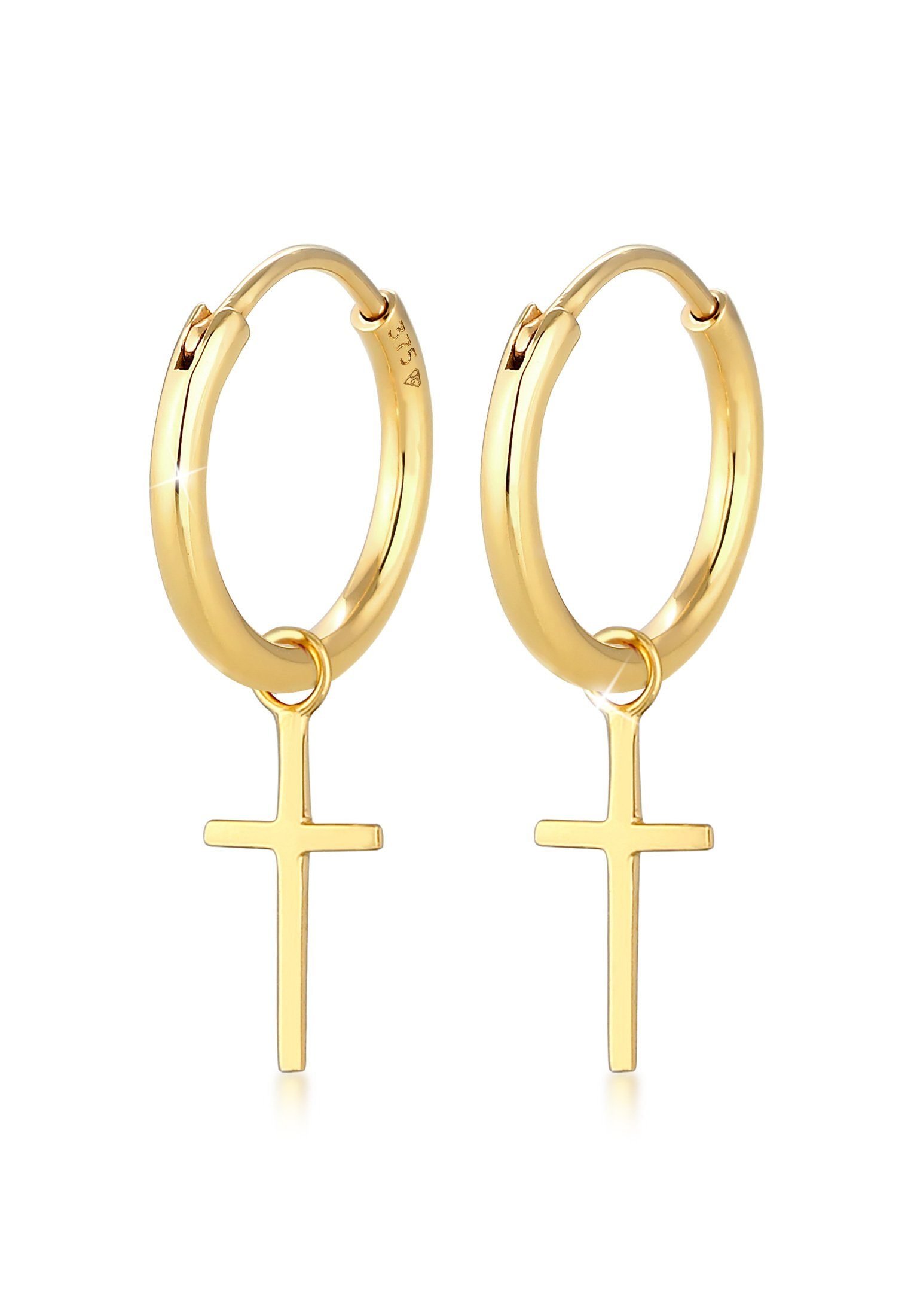 Valentinstagsgeschenk Elli Premium Paar Creolen Creolen Kreuz Glaube Religion 375 Gelbgold, Kreuz, goldfarben