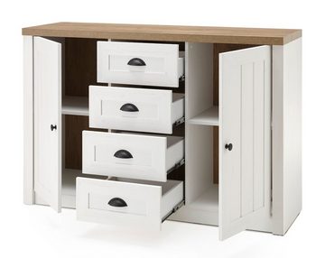 Furn.Design Sideboard Seyne (Anrichte in weiß Pinie mit Eiche hell, 130 x 88 cm), mit 4 Schubladen, mit Metallgriffen