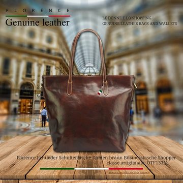 FLORENCE Schultertasche Florence Echtleder Damen Schultertasche (Schultertasche), Damen Leder Schultertasche, Shopper, Businesstasche, braun ca. 32cm