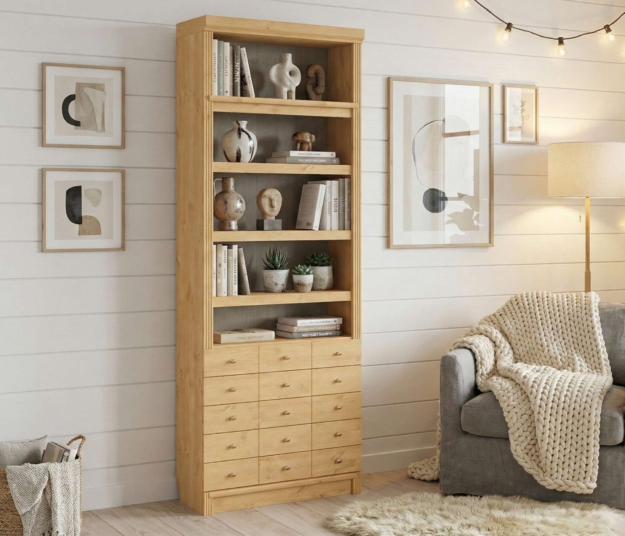 Home affaire Bücherregal Soeren Regal mit 5 breiten Schubkästen in geteilter Optik, T/H: 80/29/220 cm, Kiefer FSC®-zertifiziert, elegante Metallgriffe