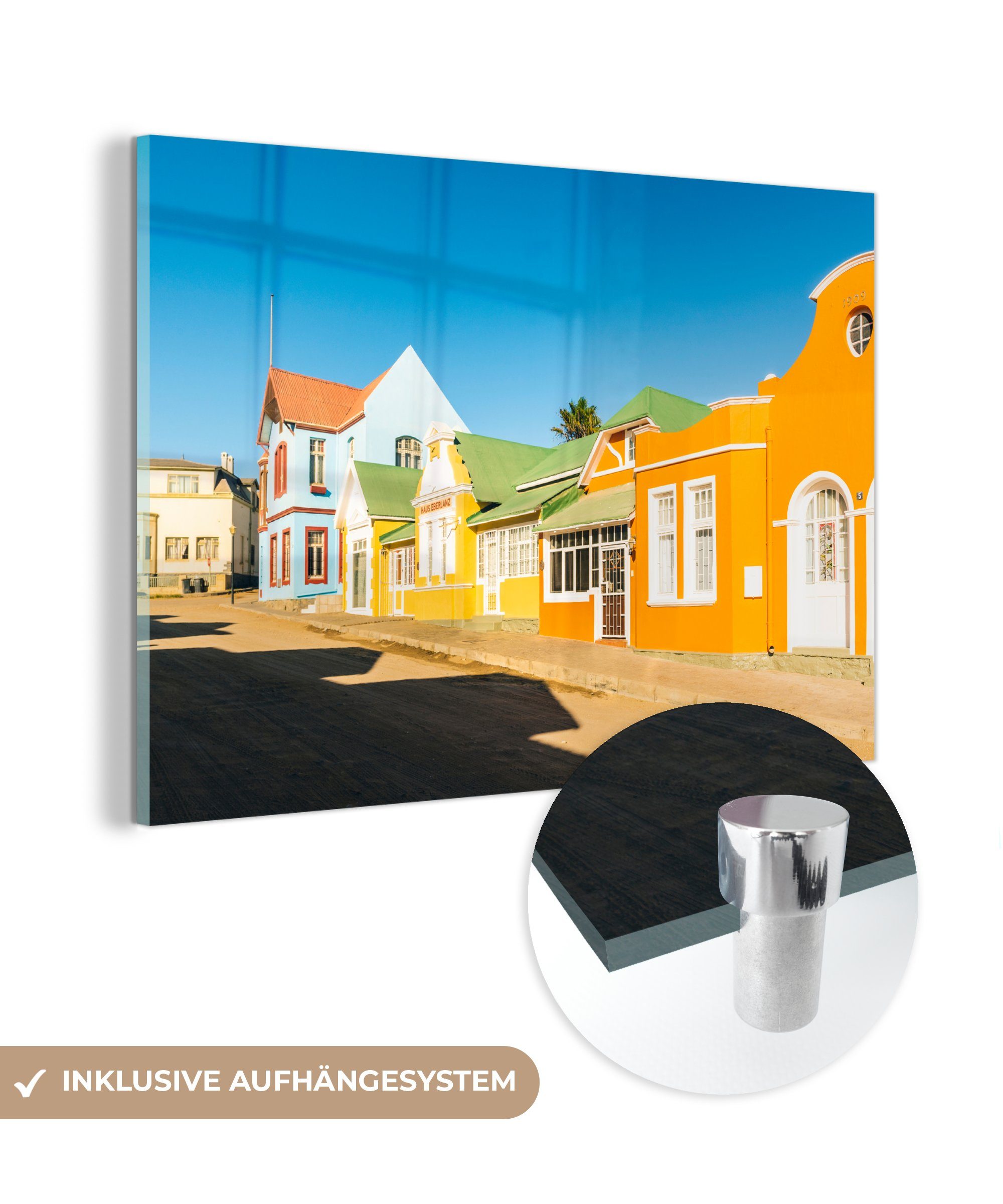 MuchoWow Acrylglasbild Leuchtend bunte Häuser in Lüderitz, Namibia, (1 St), Acrylglasbilder Wohnzimmer & Schlafzimmer
