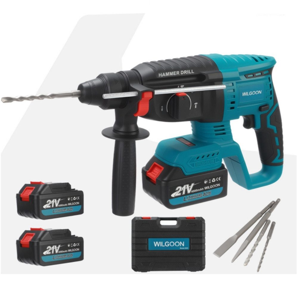 WILGOON Akku-Bohrhammer SDS-Plus Bohrhammer 620W Bürstenloser Schlagbohrmaschine Set 5 Bohrern, 21 V, max. 720 U/min, (Set, 2x 4,0Ah Batteries, 2,2J Brechkraft, SDS-plus, Sicherheit Anti-Twist), 4 in 1 Funktionen für Renovierungs Heimgebrauch und Heimwerkerprojekte