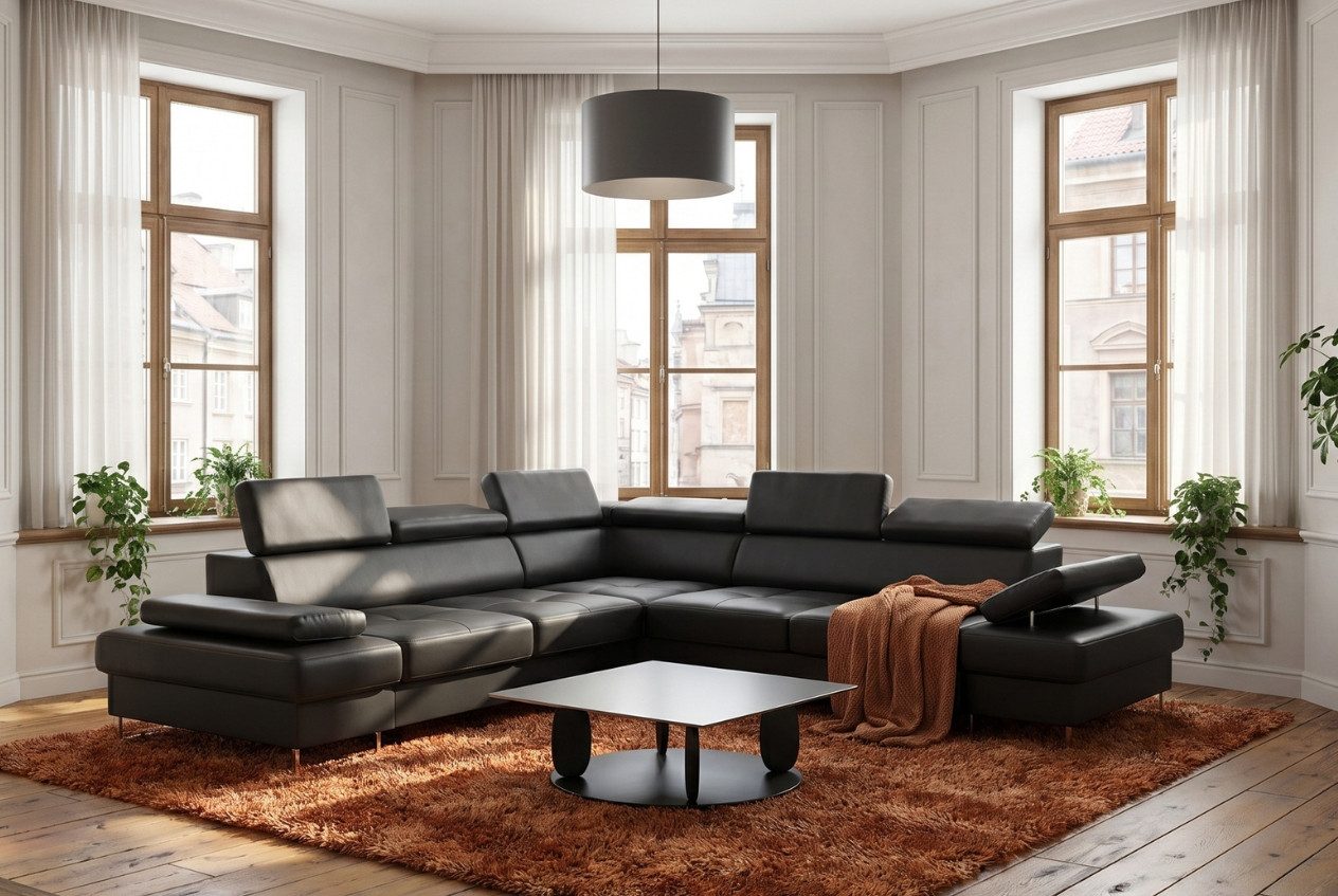 Friderik-EU Ecksofa Galaxy Max, L-Form Echtleder Madras mit Schlaffunktion, 280x280 cm, Ledersofa mit Bettkasten, verstellbaren Kopfstützen & Armlehne
