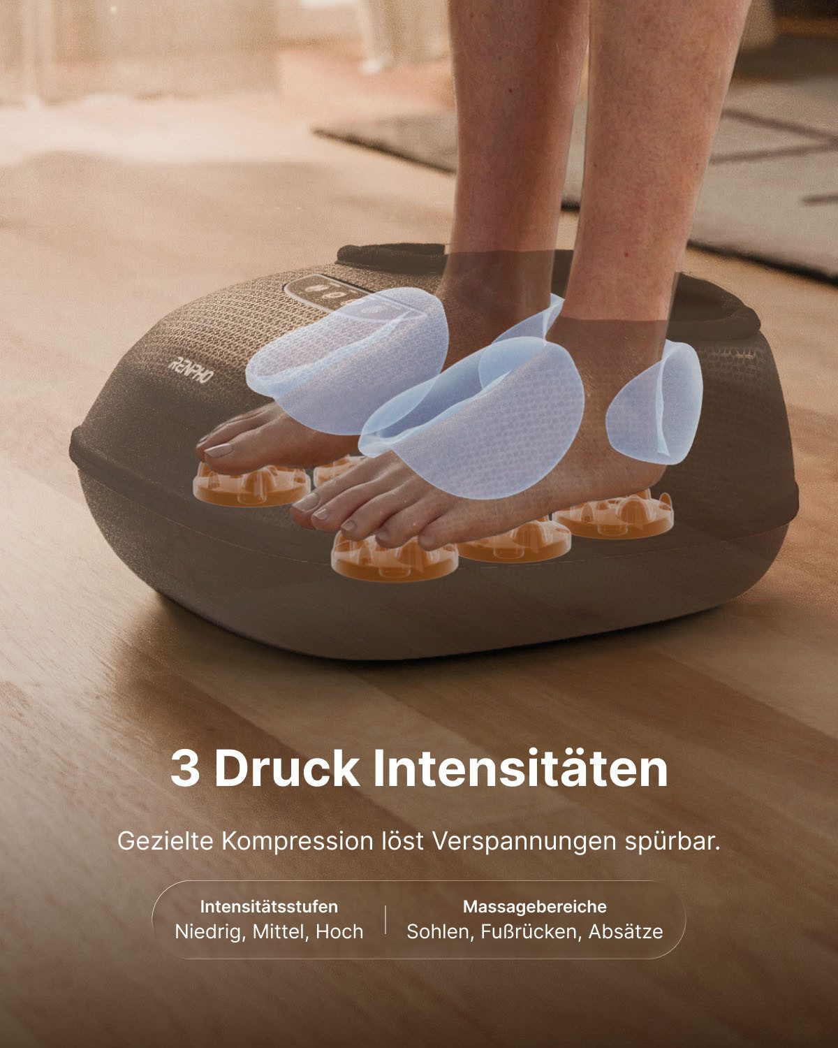RENPHO Shiatsu-Fußmassagegerät Terea Lite X, für Fußgrößen bis EU 47, Luftdruckmassage in drei Intensitätsstufen, Kneten, Luftdruck, Wärme – Bild 3 von 5