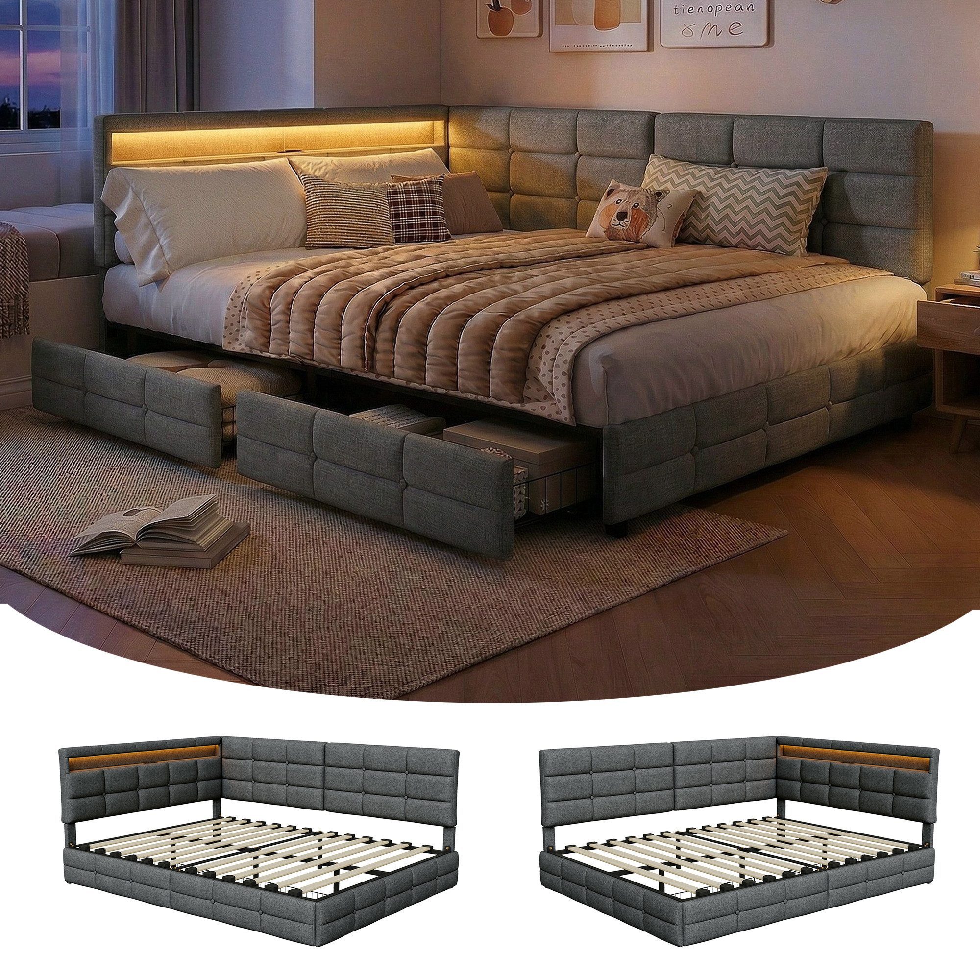 Furnishings Home Polsterbett Daybett Tagesbett Mit LED 90x200 cm (1-tlg., Geeignet für Jungen und Mädchen), Schlafsofa Mit Steckdose, LED-Beleuchtung, 2 Schubladen