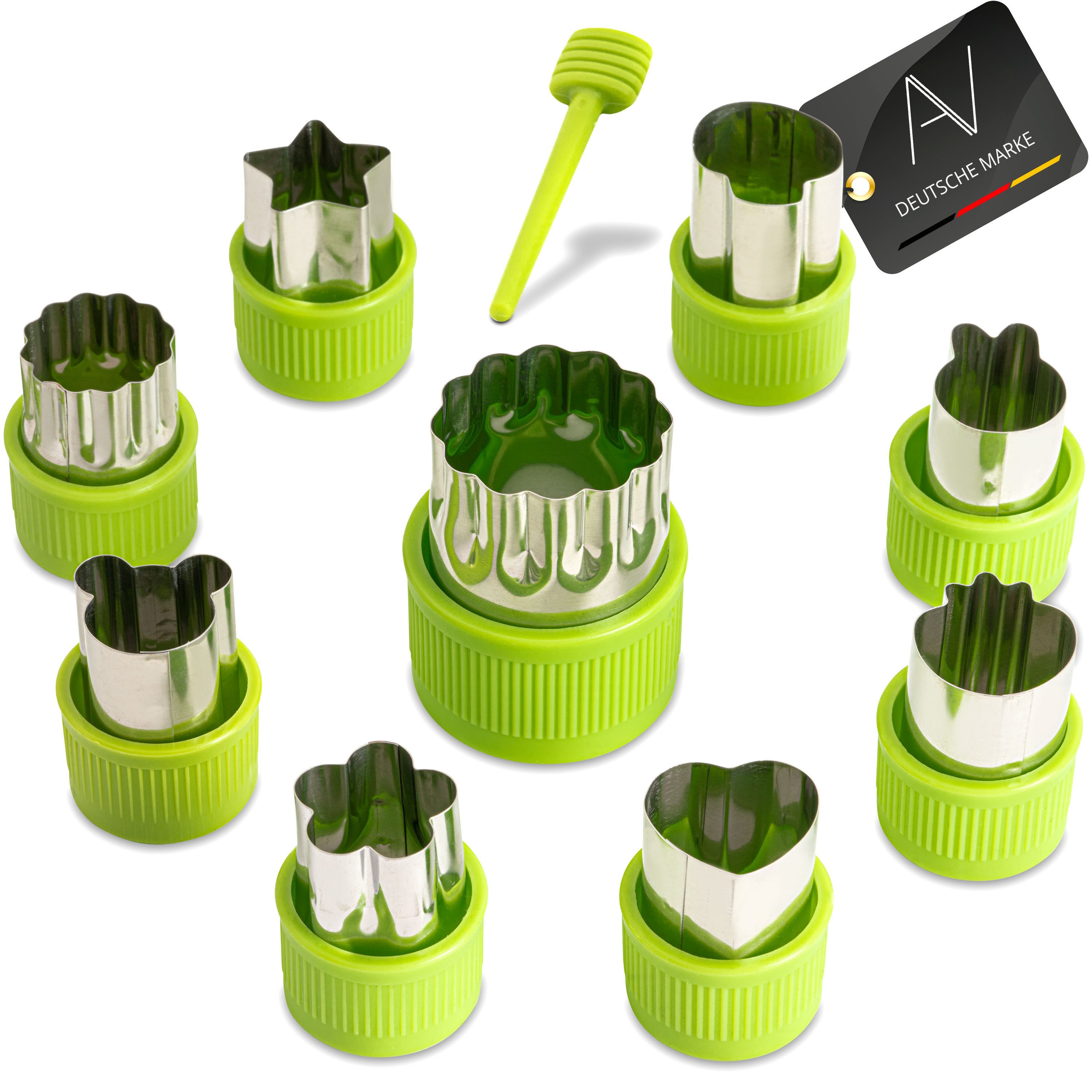 AVANA Ausstechform Edelstahl Ausstechformen Gemüse Obst Ausstecher Keks Gemüseausstecher, Edelstahl, (9 Stück), Schutzgriff für Kinder, BPA-frei, Grün