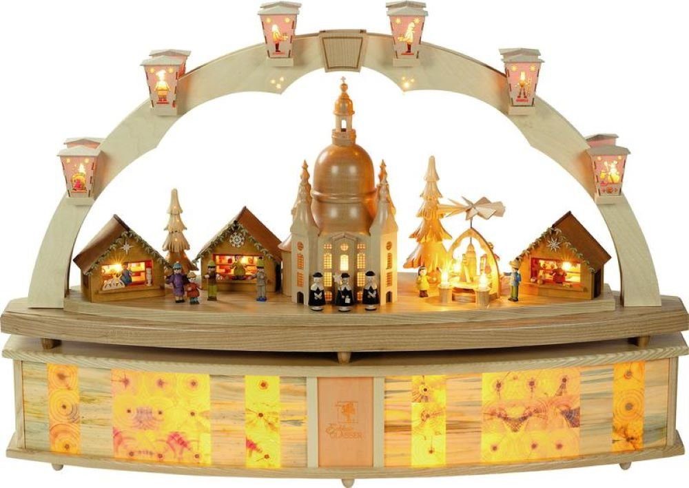 Richard Glaesser Schwibbogen Sockel, elektrisch beleuchtet, Höhe 15cm, Breite 80cm, Handwerkskunt original Erzgebirge