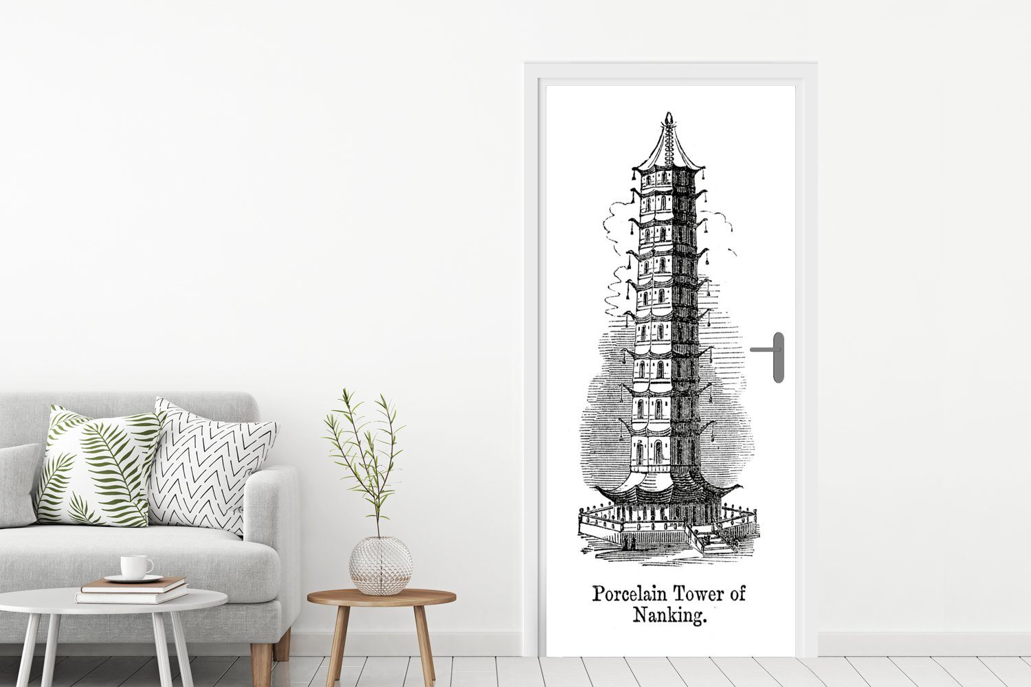 MuchoWow Türtapete Schwarz-Weiß-Abbildung des Porzellanturms St), Tür, der Nanjing, 75x205 Matt, Stadt in für Türaufkleber, (1 Fototapete bedruckt, cm