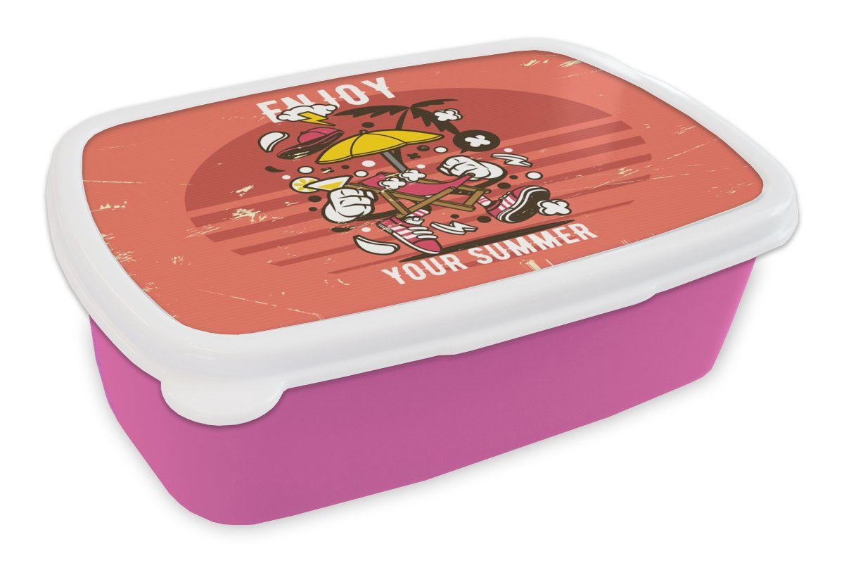 MuchoWow Lunchbox Sonnenschirm - Sommer - Vintage, Kunststoff, (2-tlg), Brotbox für Erwachsene, Brotdose Kinder, Snackbox, Mädchen, Kunststoff rosa