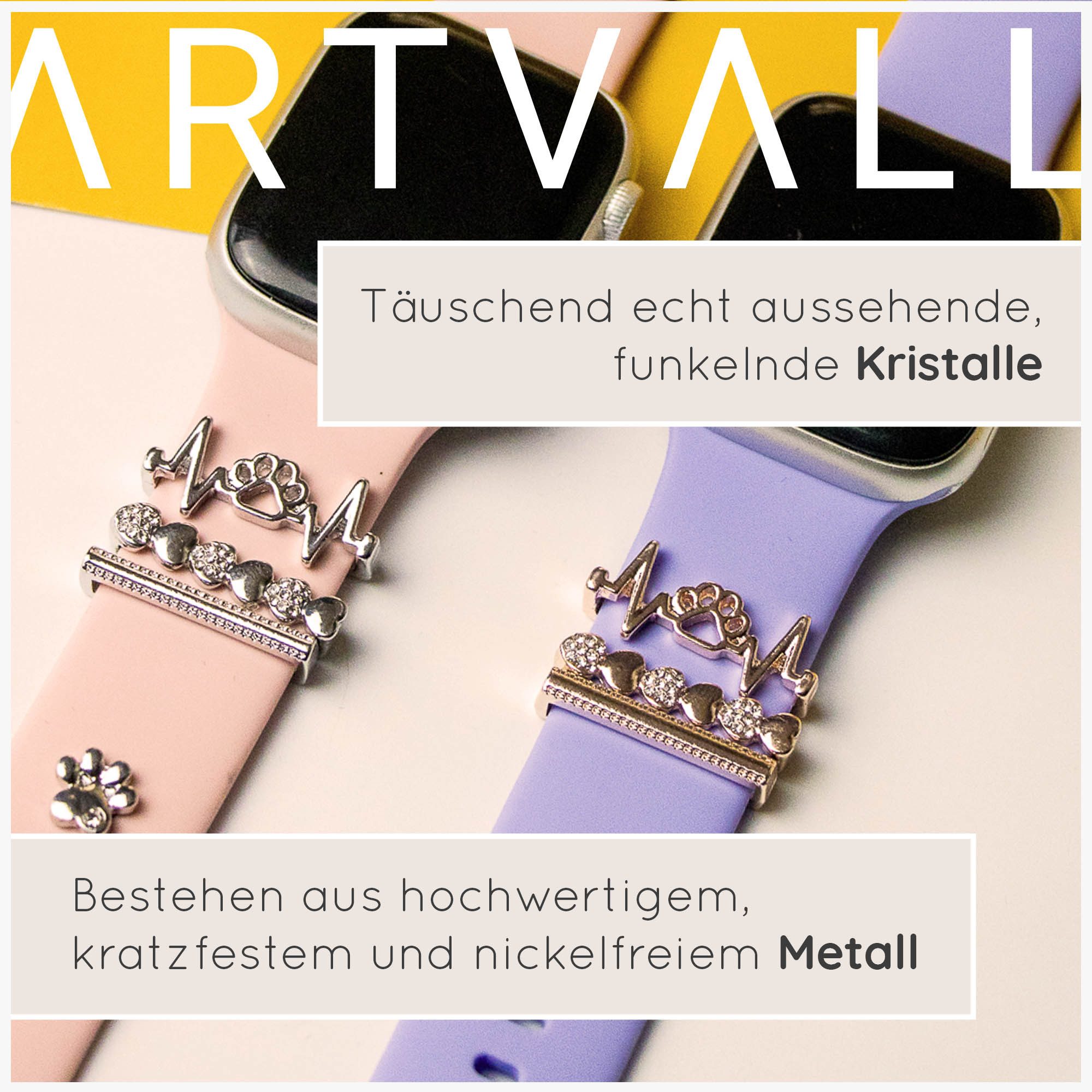 EAZY CASE Smartwatch-Armband Apple Watch Charms Set 38/40/41mm & 42/44/45/49mm, trendige Watch Charms Pfote Herzen mit Strasssteinen Silber – Bild 5 von 5