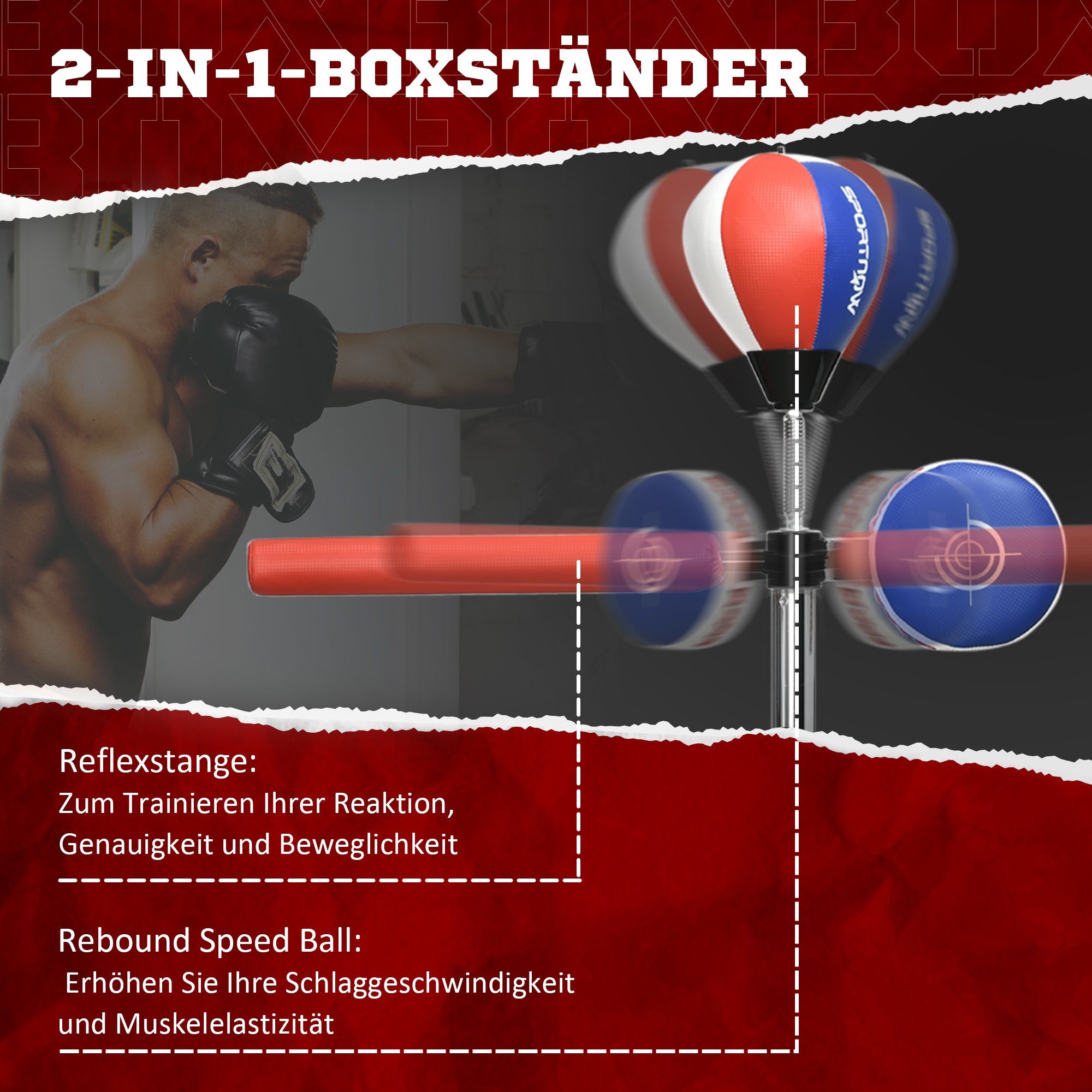 SPORTNOW Standboxsack Standboxtrainer mit Punchingball, Reflexstange, HDPE, x Boxständer 1-tlg., 80.5L cm Kunstleder x (Boxsack, 163-205H 48B Punchingball), mit