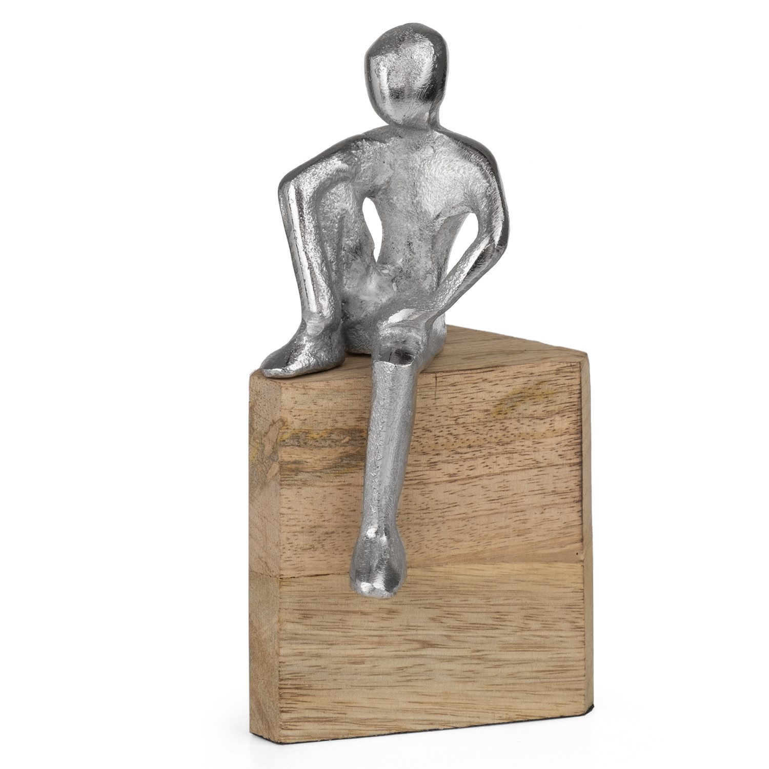 Moritz Skulptur Moderne Dekofigur sitzend aus Aluminium auf Holzsockel, Holz, Tischdeko, Fensterdeko, Wanddeko, Holzdeko, Weihnachtsdeko