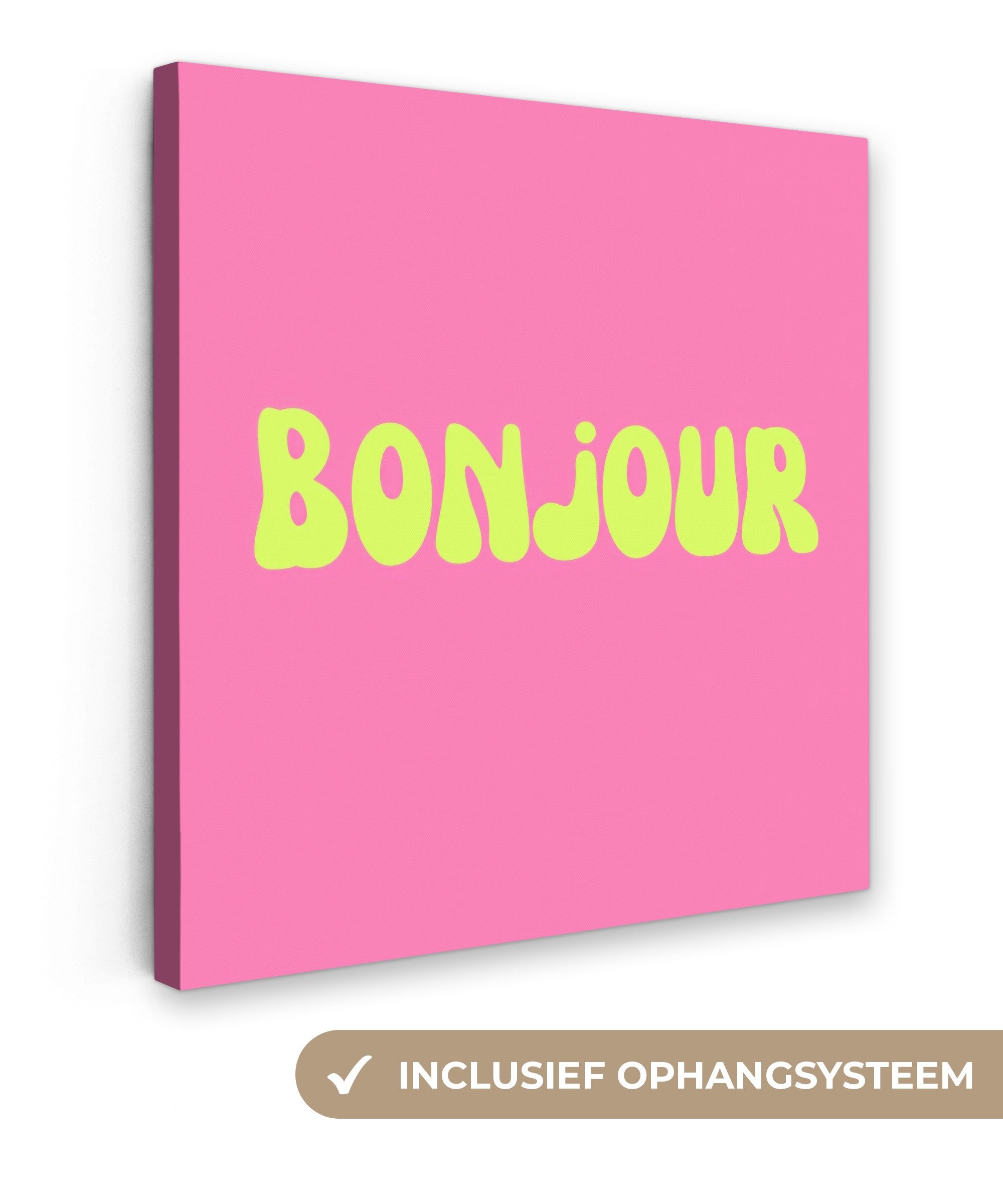 OneMillionCanvasses® Leinwandbild Rosa - Grün - Bonjour - Bio, Fotodruck (1 St), Wandbild, Deko Schlafzimmer Wohnzimmer Flur 20x20 cm