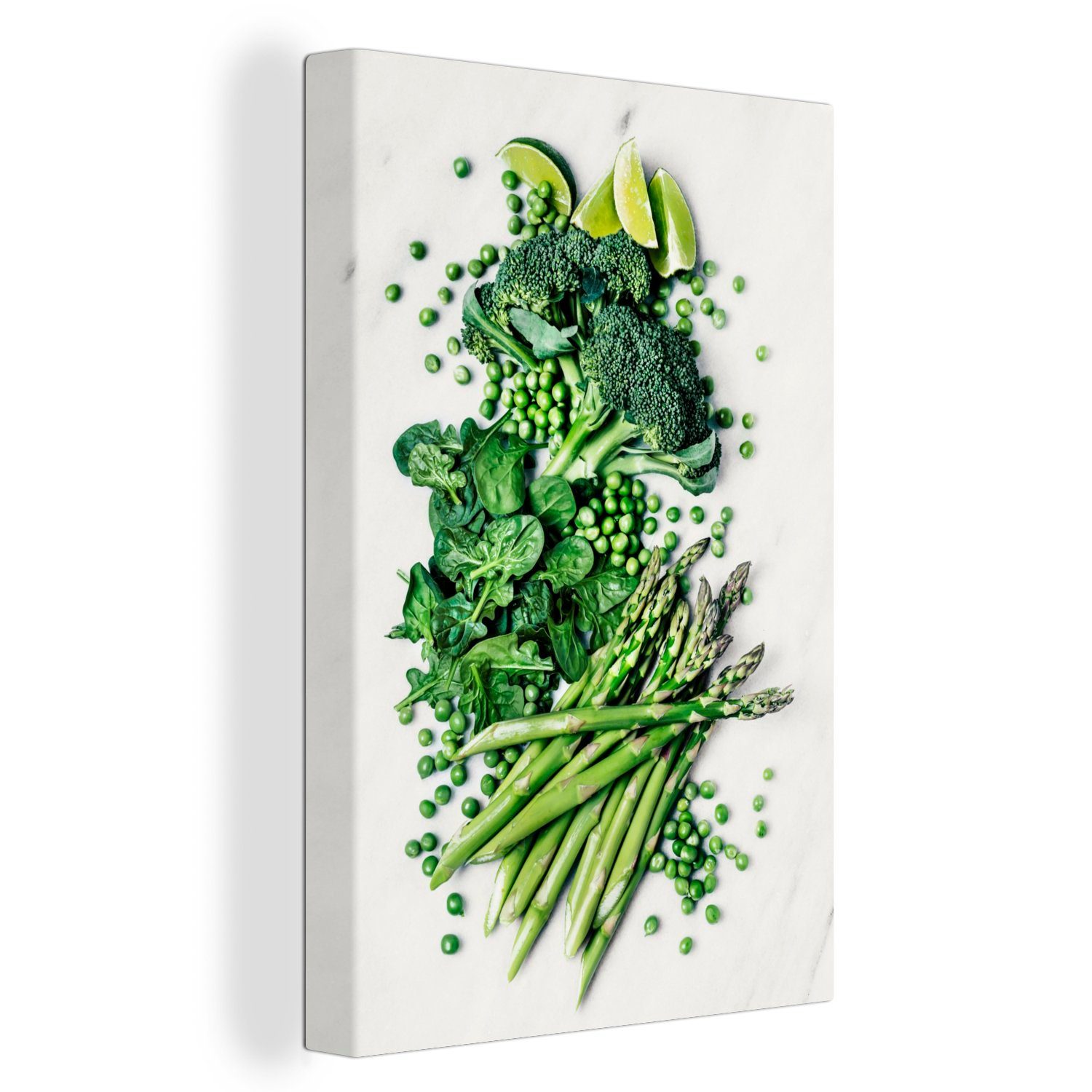OneMillionCanvasses® Leinwandbild Grüne Spargelerbsen mit anderem Gemüse auf weißem Hintergrund, (1 St), Leinwandbild fertig bespannt inkl. Zackenaufhänger, Gemälde, 20x30 cm