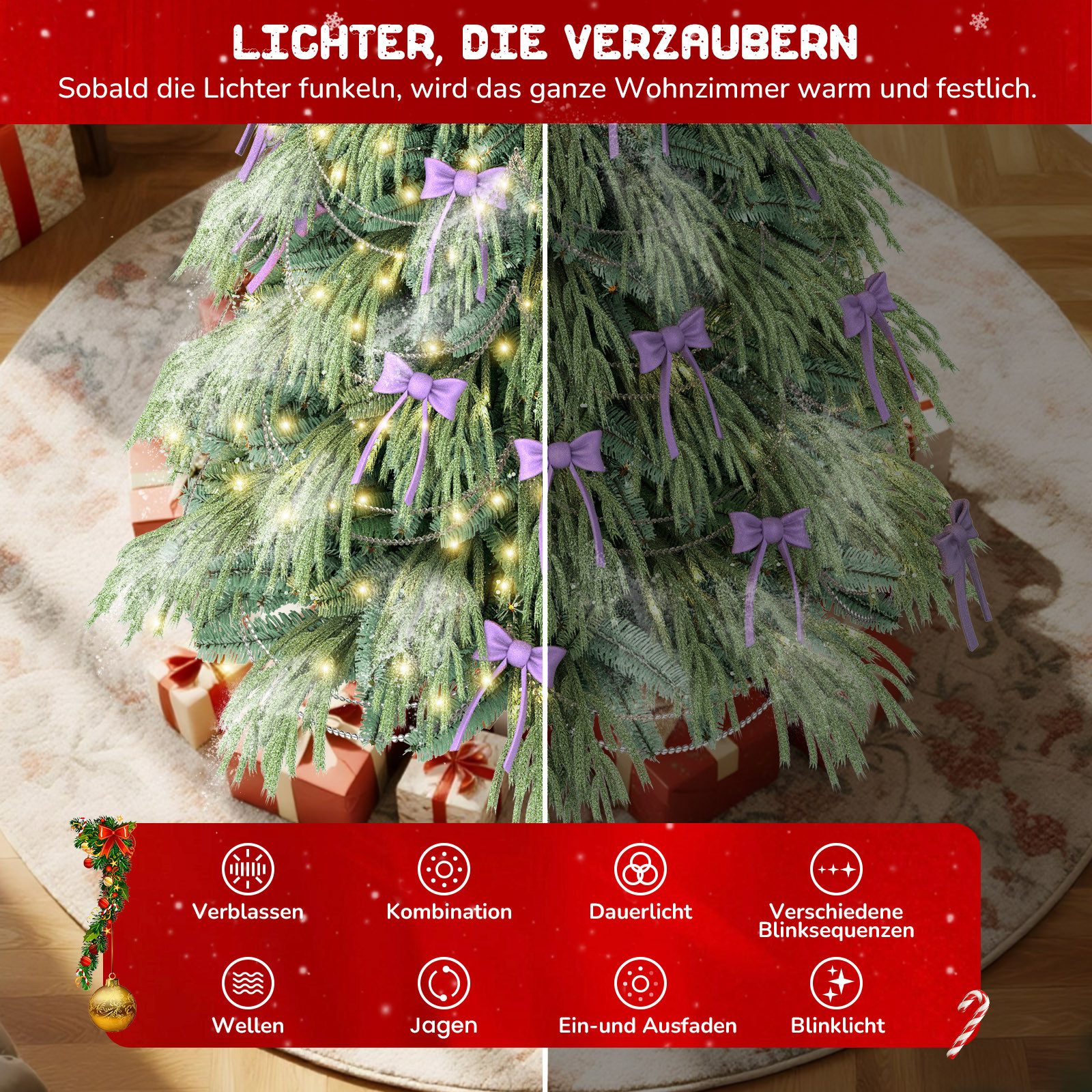 Ferghana Künstlicher Weihnachtsbaum 150/180/210/250CM mit Weiß Schnee 450/850/1115/1500PVC/PE Baum-Spitzen, Kleiner Tannenbaum,Edeltanne, 230/280/330/550 LED Be – Bild 5 von 5