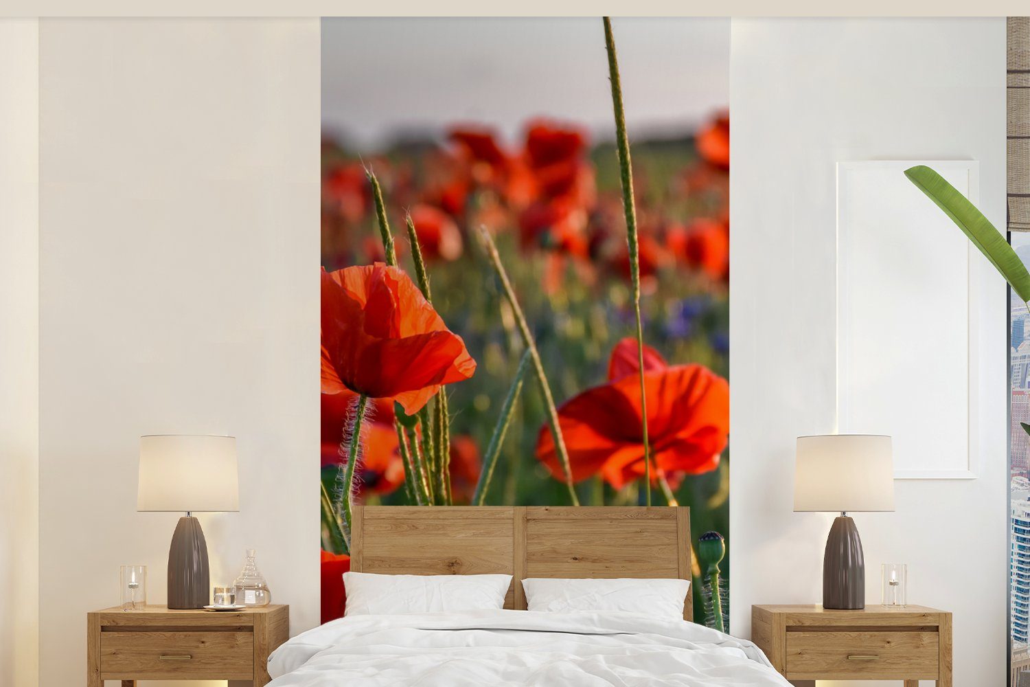 MuchoWow Fototapete Blumen - Mohnblumen - Natur - Rot, Matt, bedruckt, (2 St), Vliestapete für Wohnzimmer Schlafzimmer Küche, Fototapete