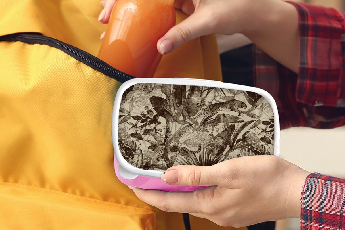für Dschungel Kunststoff Muster, Kinder, Erwachsene, Mädchen, Brotdose rosa Brotbox Panther - - MuchoWow - (2-tlg), Vintage Lunchbox Snackbox, Kunststoff,
