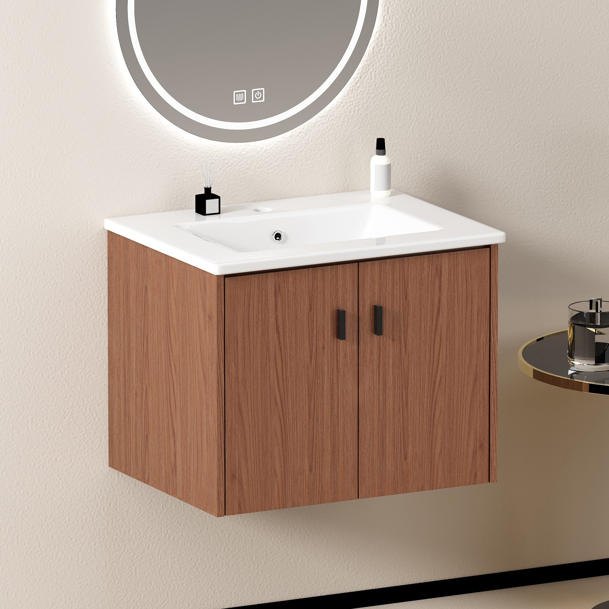 OKWISH Badkommode 60 cm aus MDF mit 2 Soft-Close-Türen – rotbraun (Packung, 1 St., Reichhaltiger Stauraum für Badutensilien), Pflegeleichtes Design, ideal für Badezimmer & Gästebad