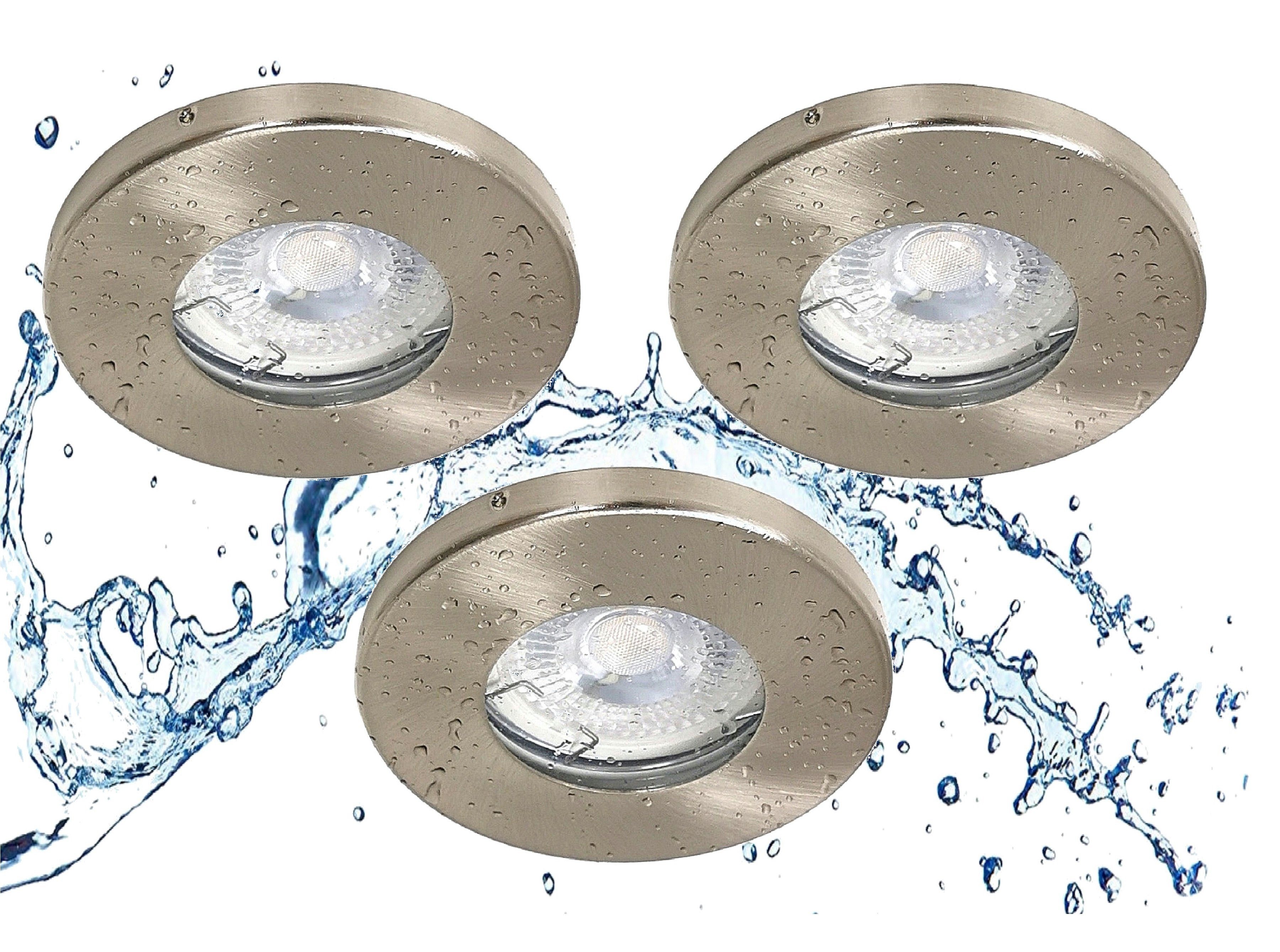 TRANGO LED Einbauleuchte, 3er Set IP65 LED Einbaustrahler 6729IP65-032G6KSDAK in Edelstahl gebürstet inkl. 3x 5 Watt 3-Stufen dimmbar GU10 LED Leuchtmittel 6000K kaltweiss Bad, Außen, Tageslichtweiß, Einbauspot, Deckenleuchte, Deckenspots