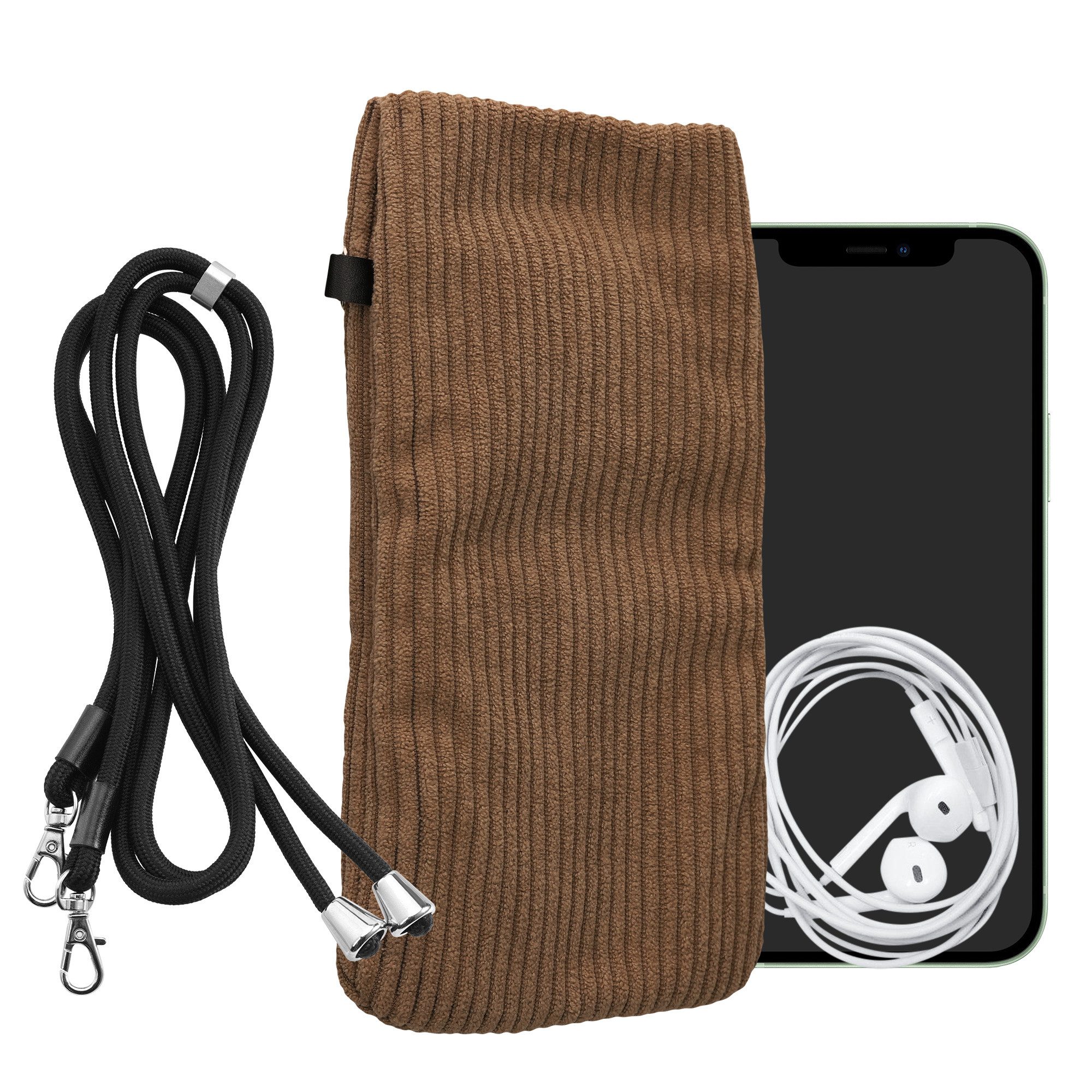 kwmobile Handytasche Handytasche für Smartphones XXL - 7" Handy Tasche (1-tlg), Cord Handy Hülle Braun mit Kordel - Handy Tasche
