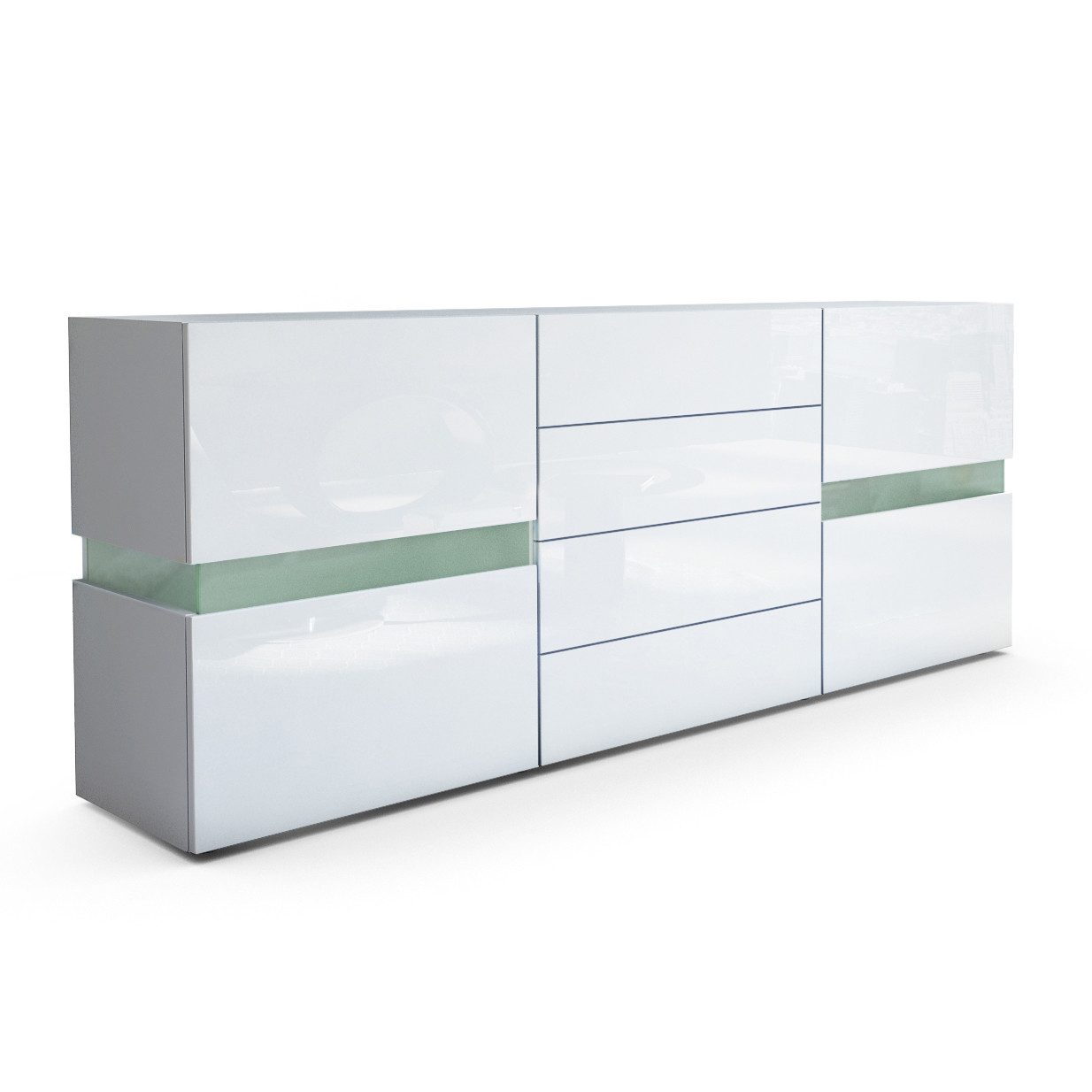 Vladon Sideboard Flow (Kommode mit Ambient Light Verglasung, mit 2 Türen, je 2 Fächer dahinter und 4 Schubladen), Weiß matt/Weiß Hochglanz (177 x 75 x 39 cm)