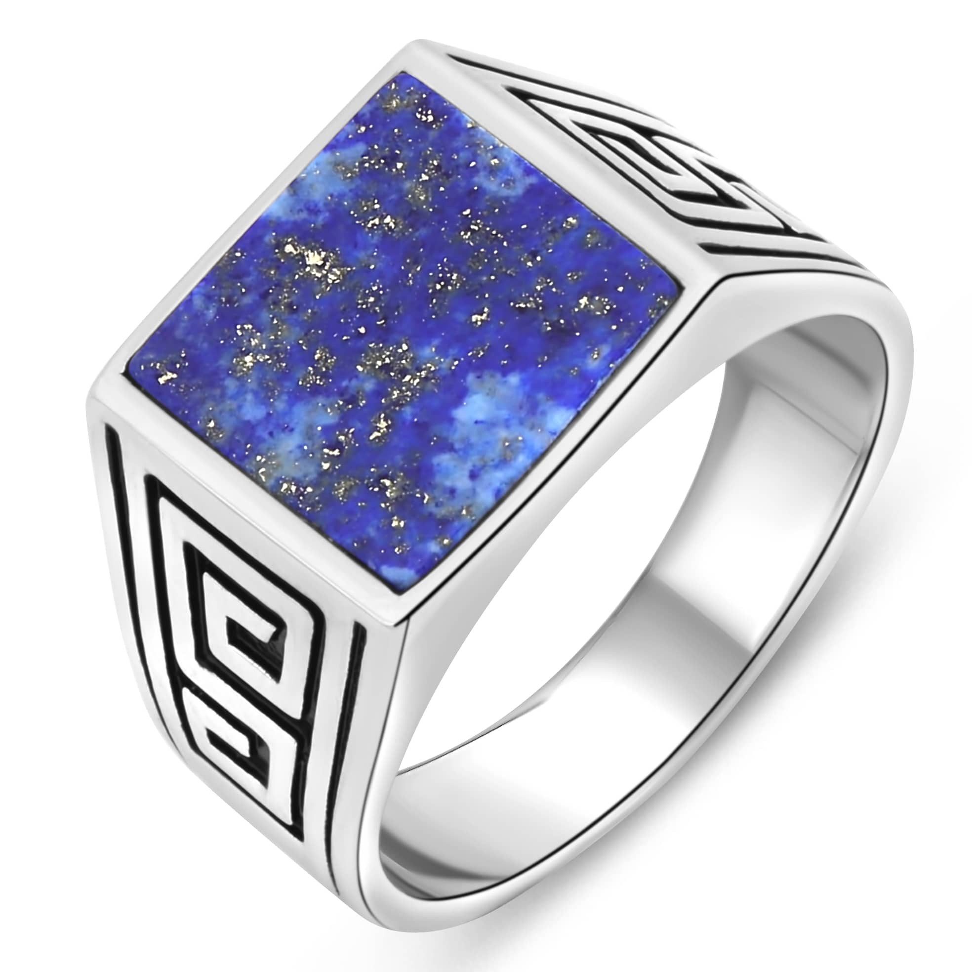 Tony Fein Siegelring Lapislazuli Griechisches Muster Massiv 925 Sterling Silber, Silberring Rhodiniert Made in Italy für Herren