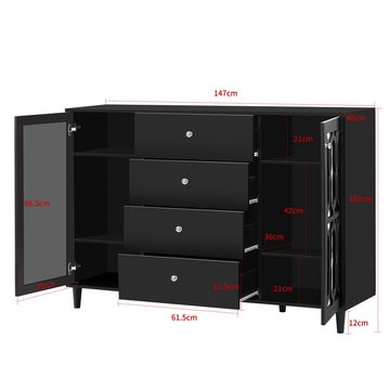IDEASY Sideboard Weiß/schwarzes Spiegel-Sideboard, 147 x 40 x 102 cm, (hochwertige Dichtebretter und Massivholzfüße), Glasgriffe, 4 Schubladen, 2 Türen, geeignet für Wohn- und Esszimmer